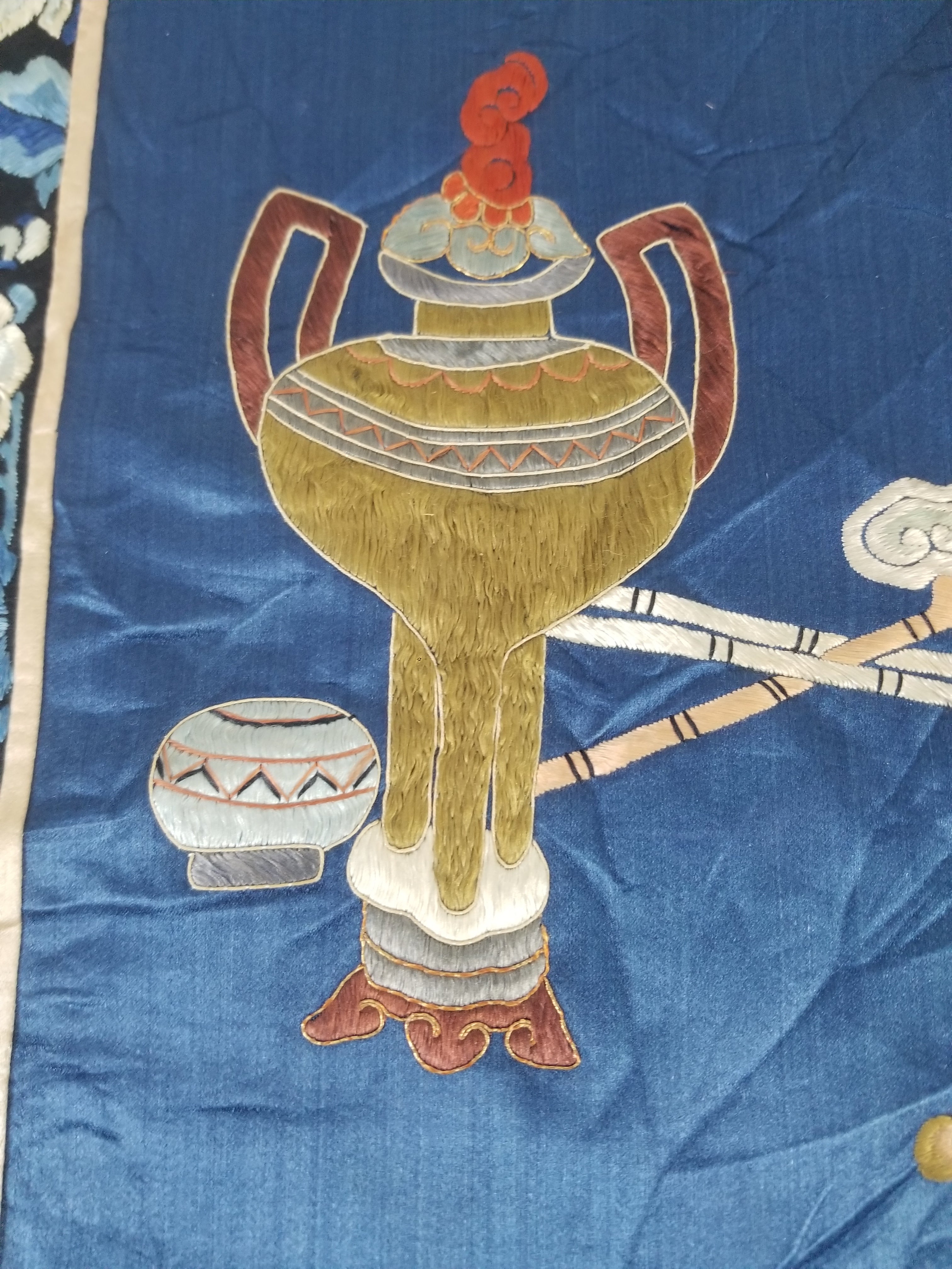 Antique Chinese Silk Embroidered Still Life Vase Bonsai & Scholar's Table Tapestry 149x144cm