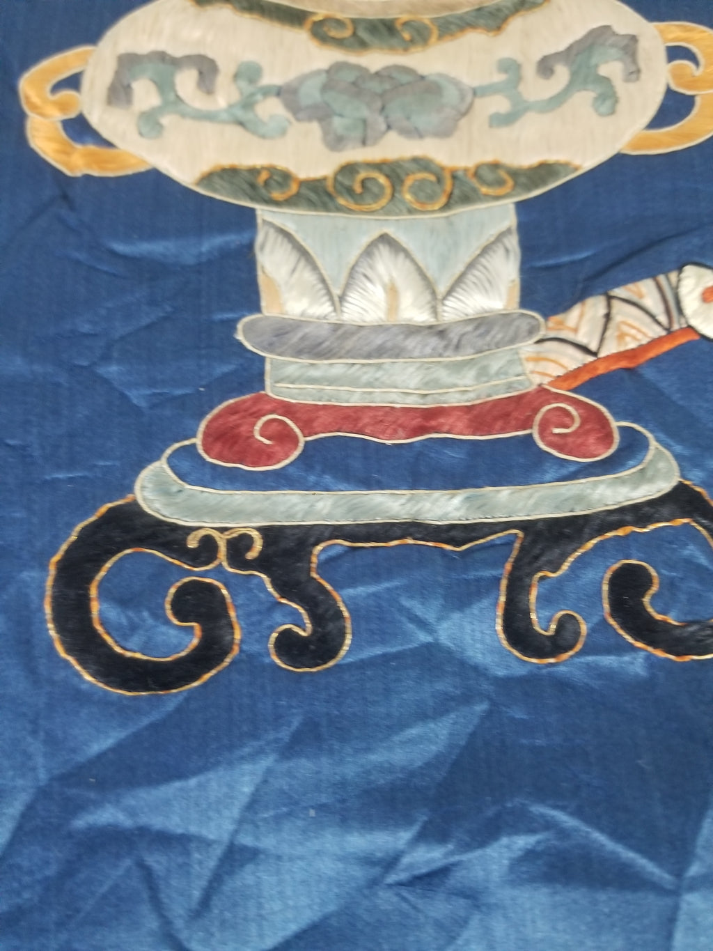 Antique Chinese Silk Embroidered Still Life Vase Bonsai & Scholar's Table Tapestry 149x144cm