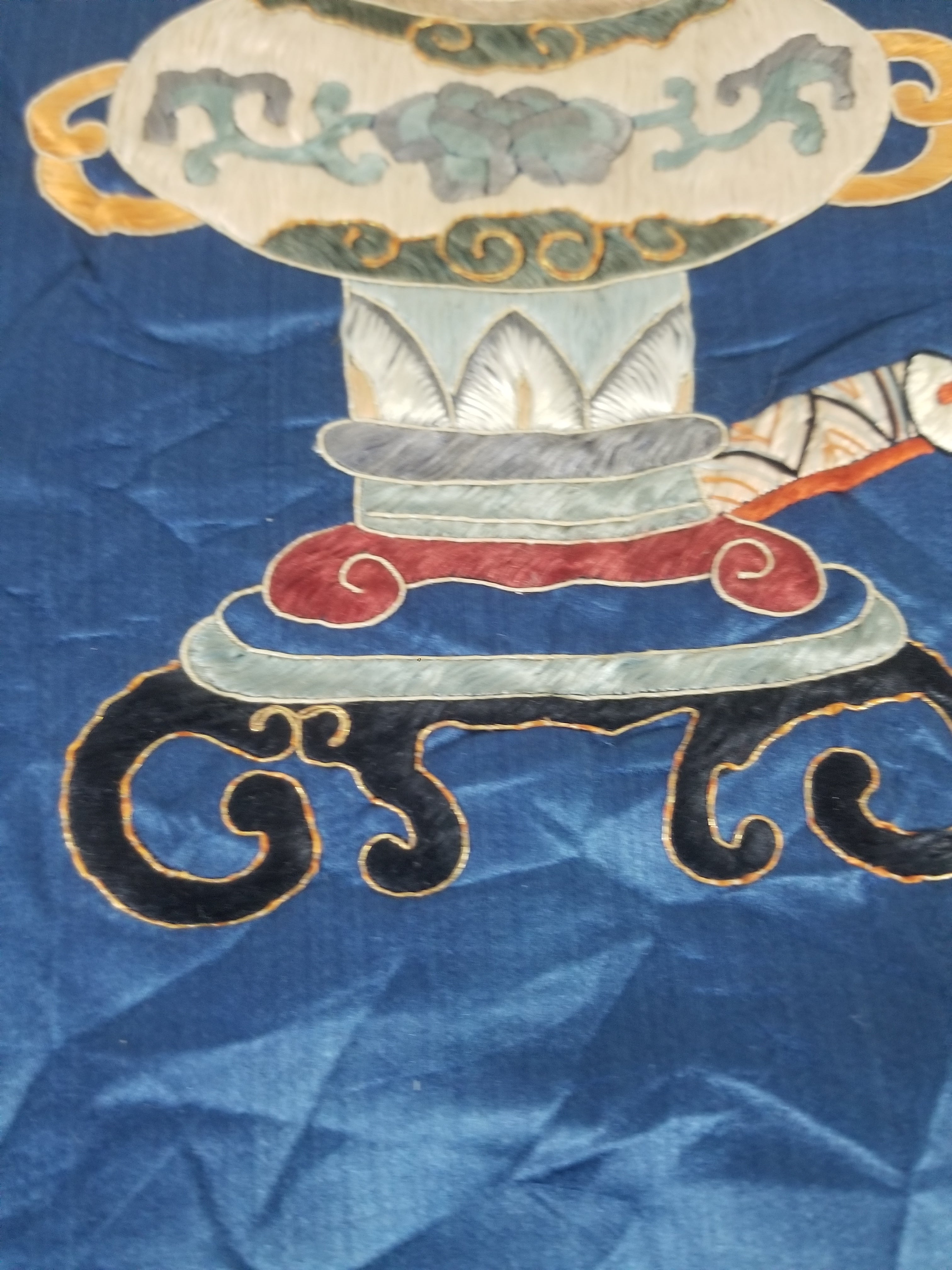 Antique Chinese Silk Embroidered Still Life Vase Bonsai & Scholar's Table Tapestry 149x144cm