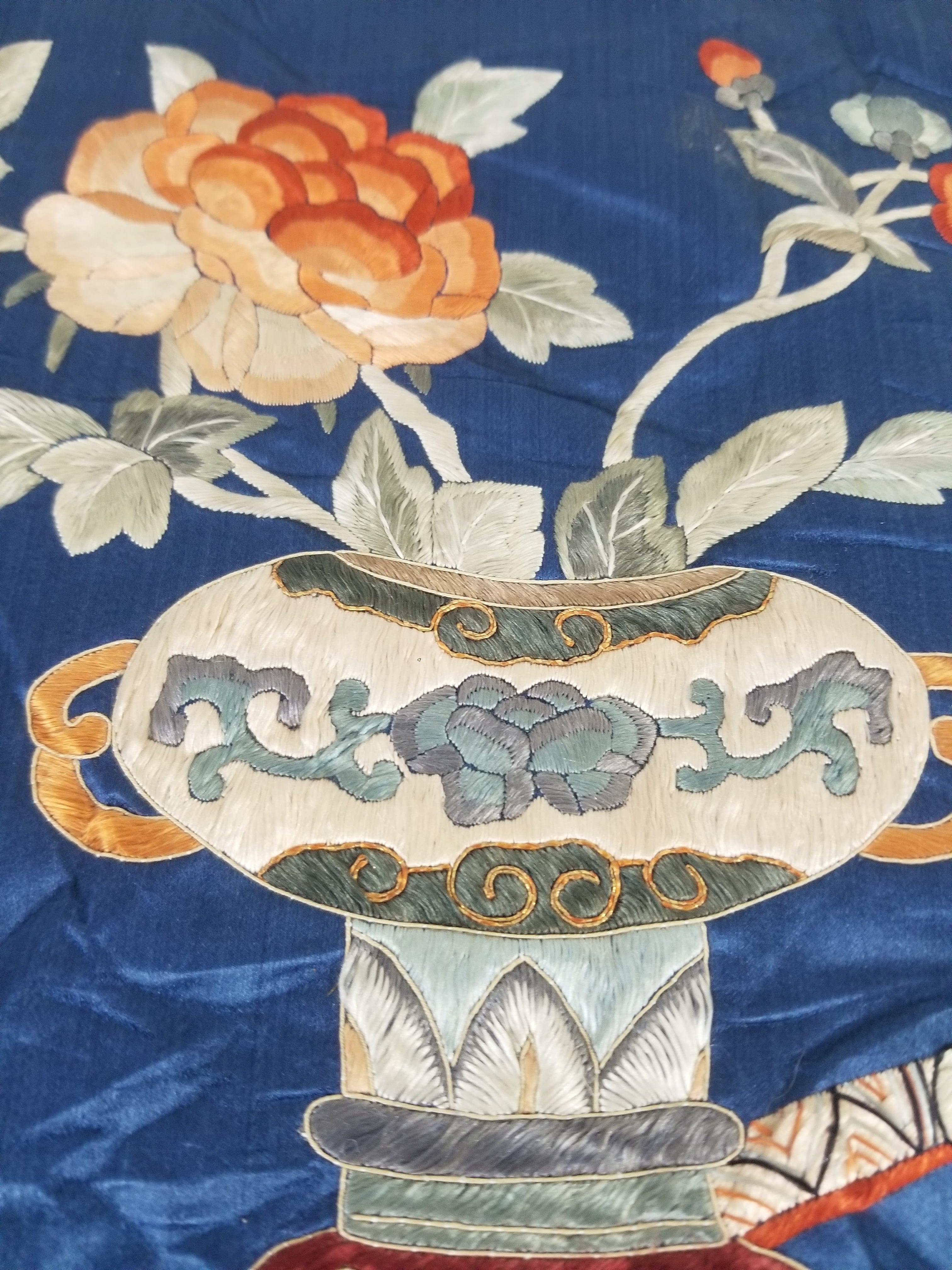 Antique Chinese Silk Embroidered Still Life Vase Bonsai & Scholar's Table Tapestry 149x144cm