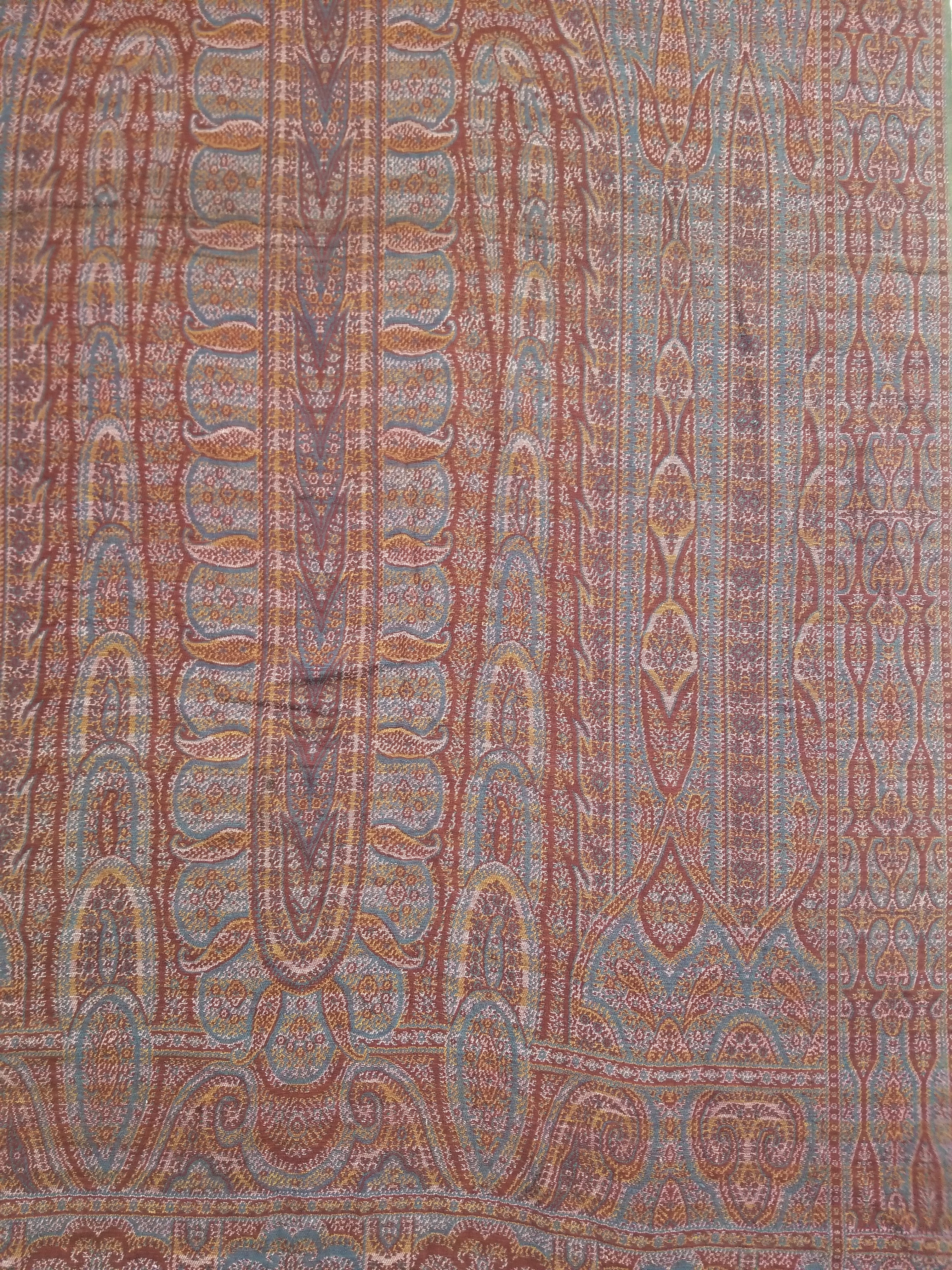 Antique Kashmiri Jaquard Woven Paisley Wool Shawl 310x150cm
