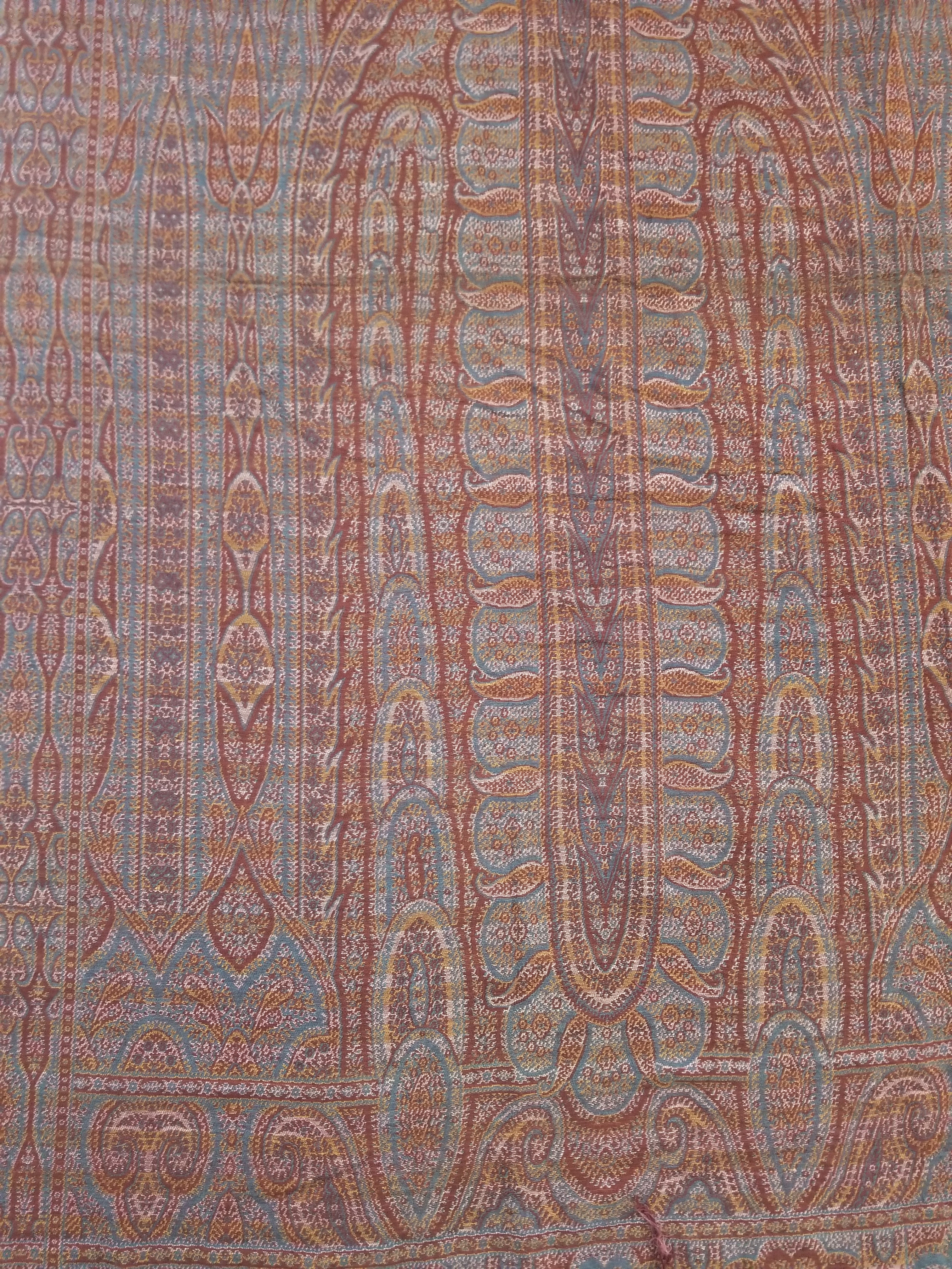 Antique Kashmiri Jaquard Woven Paisley Wool Shawl 310x150cm