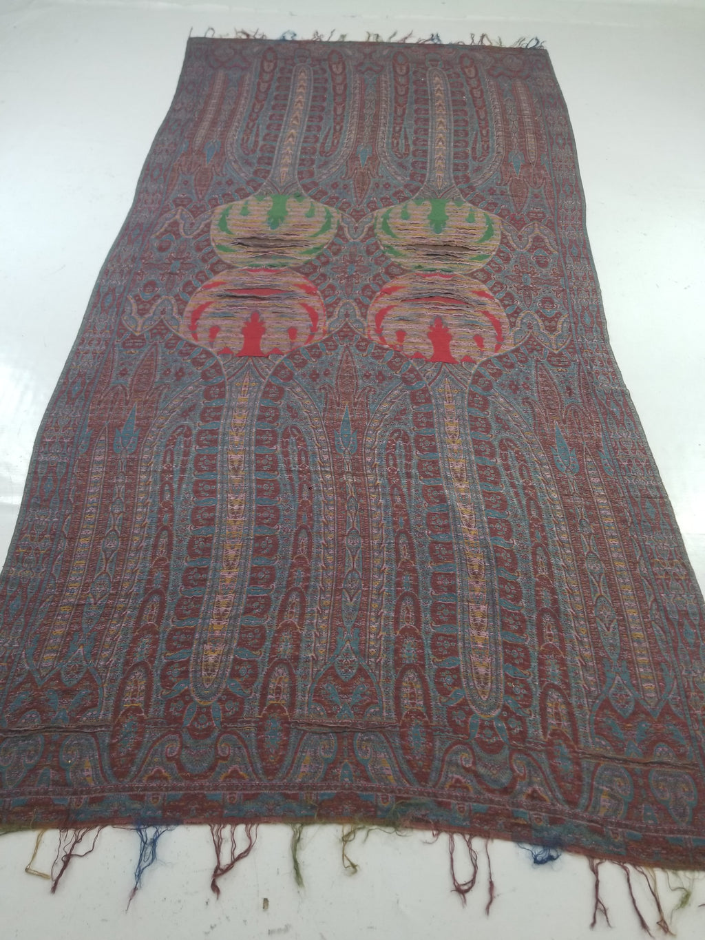 Antique Kashmiri Jaquard Woven Paisley Wool Shawl 310x150cm