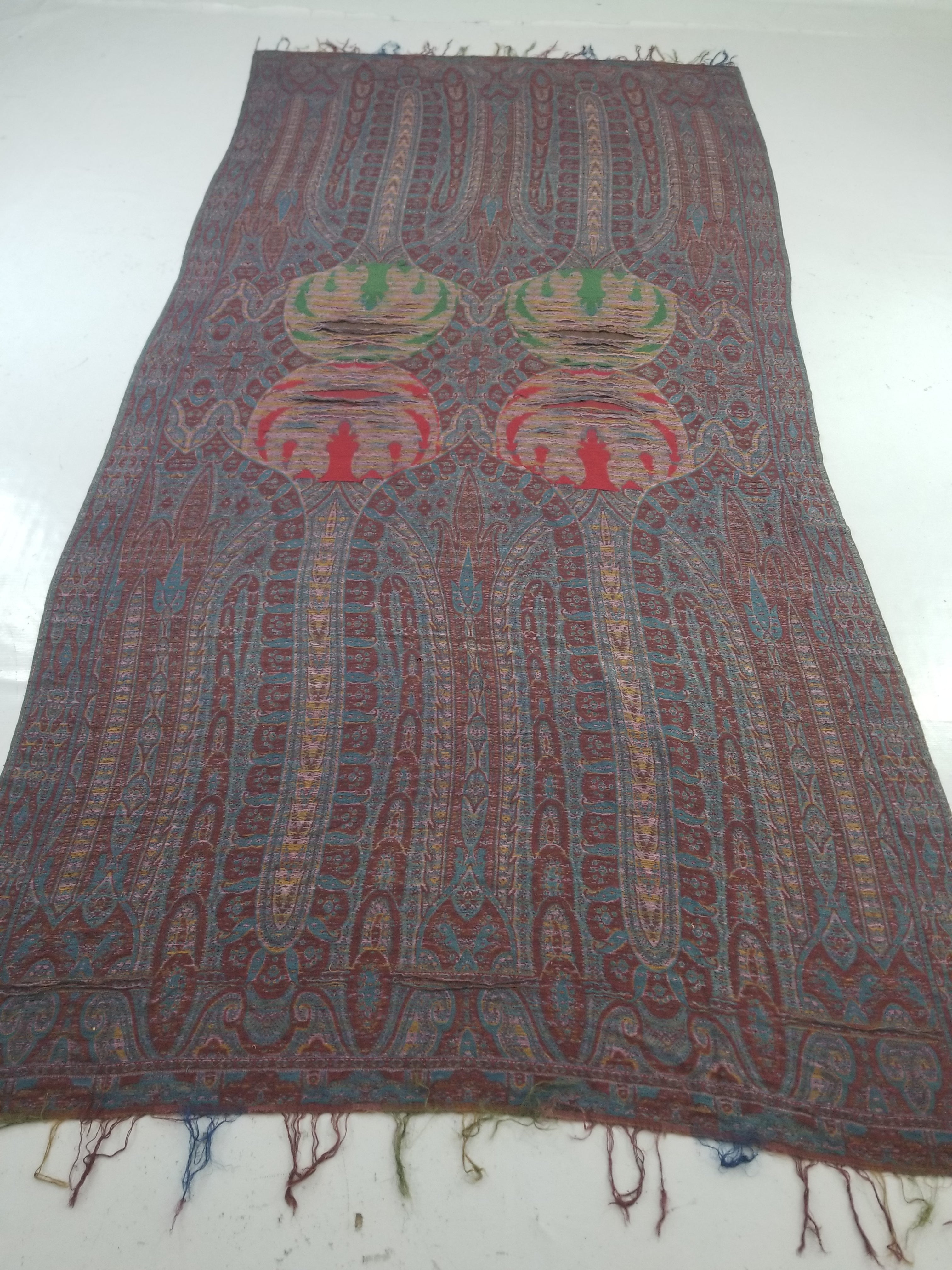 Antique Kashmiri Jaquard Woven Paisley Wool Shawl 310x150cm