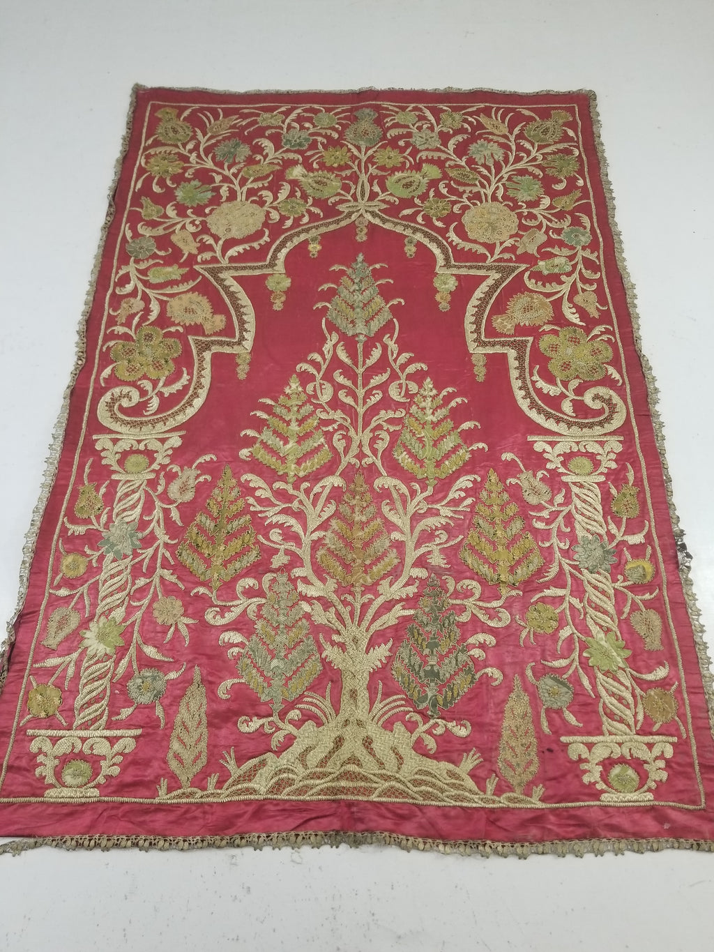 Antique Ottoman Gold Thread Embroidered Tree of Life Tapestry 190x124cm