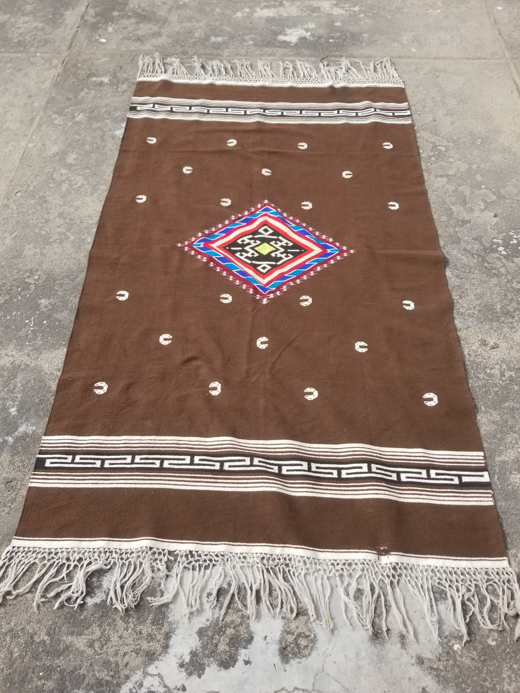 Vintage Handmade Mexican Tribal Medallion Wool Kilim Rug 209x122cm
