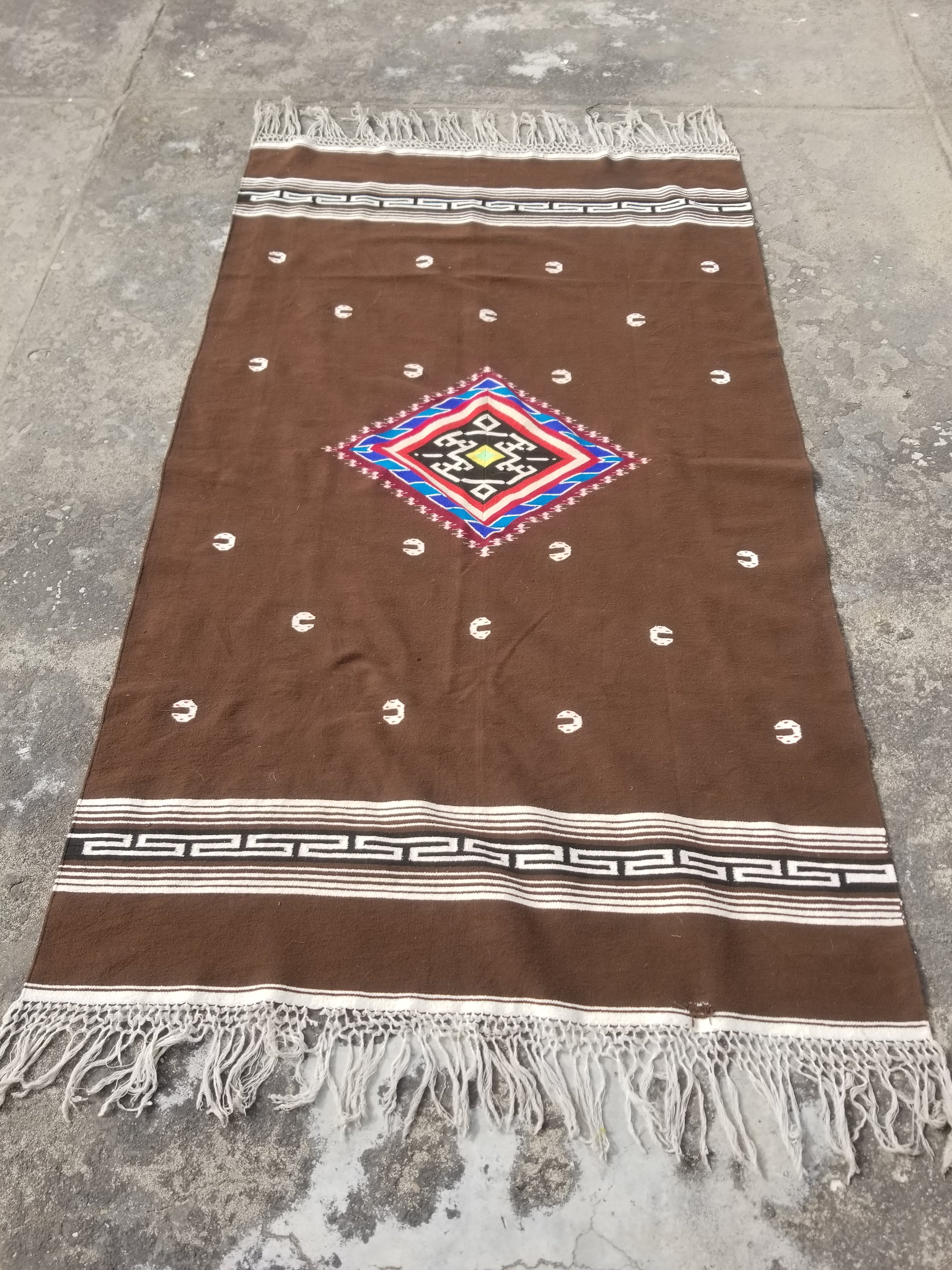 Vintage Handmade Mexican Tribal Medallion Wool Kilim Rug 209x122cm