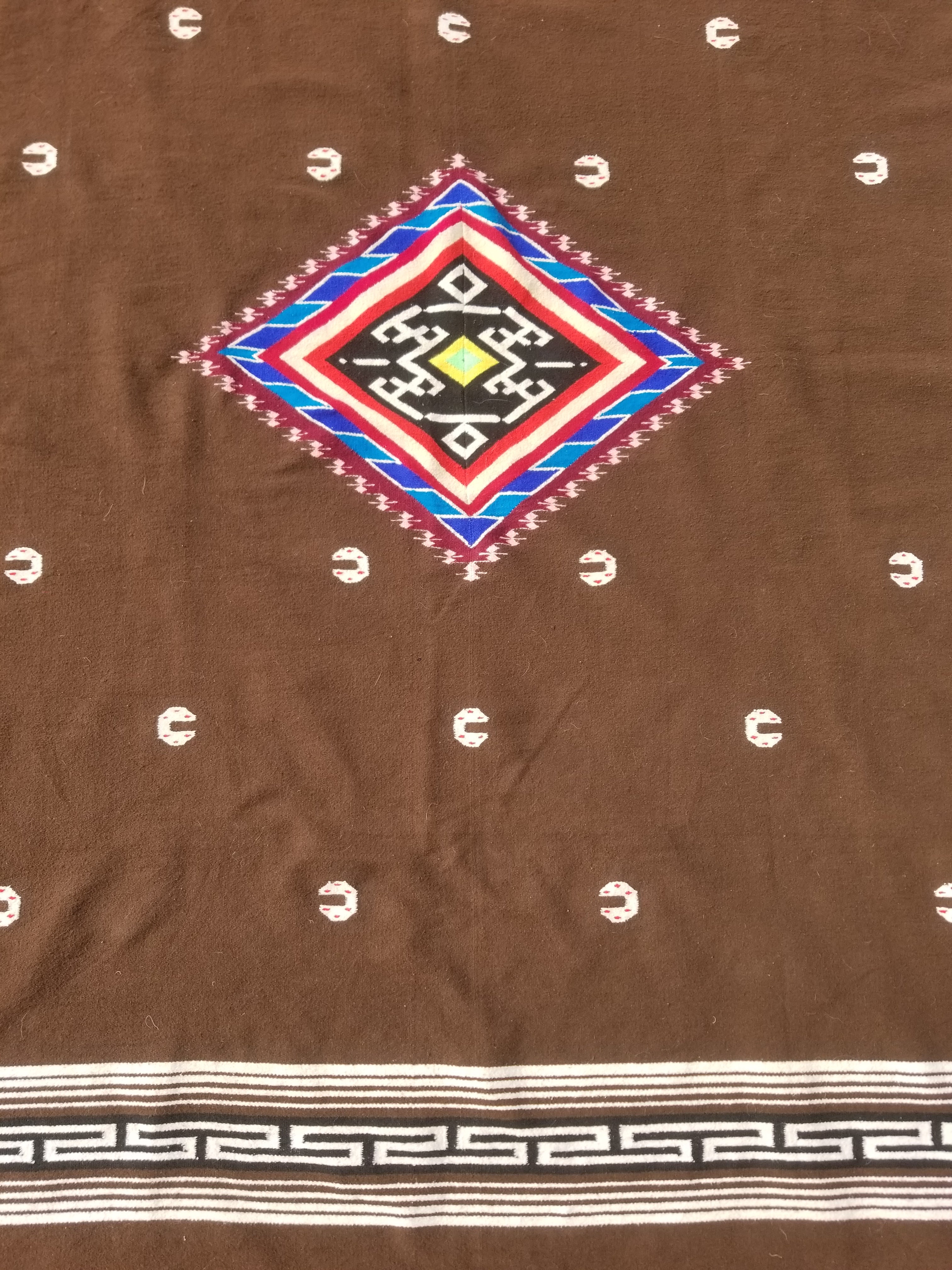 Vintage Handmade Mexican Tribal Medallion Wool Kilim Rug 209x122cm