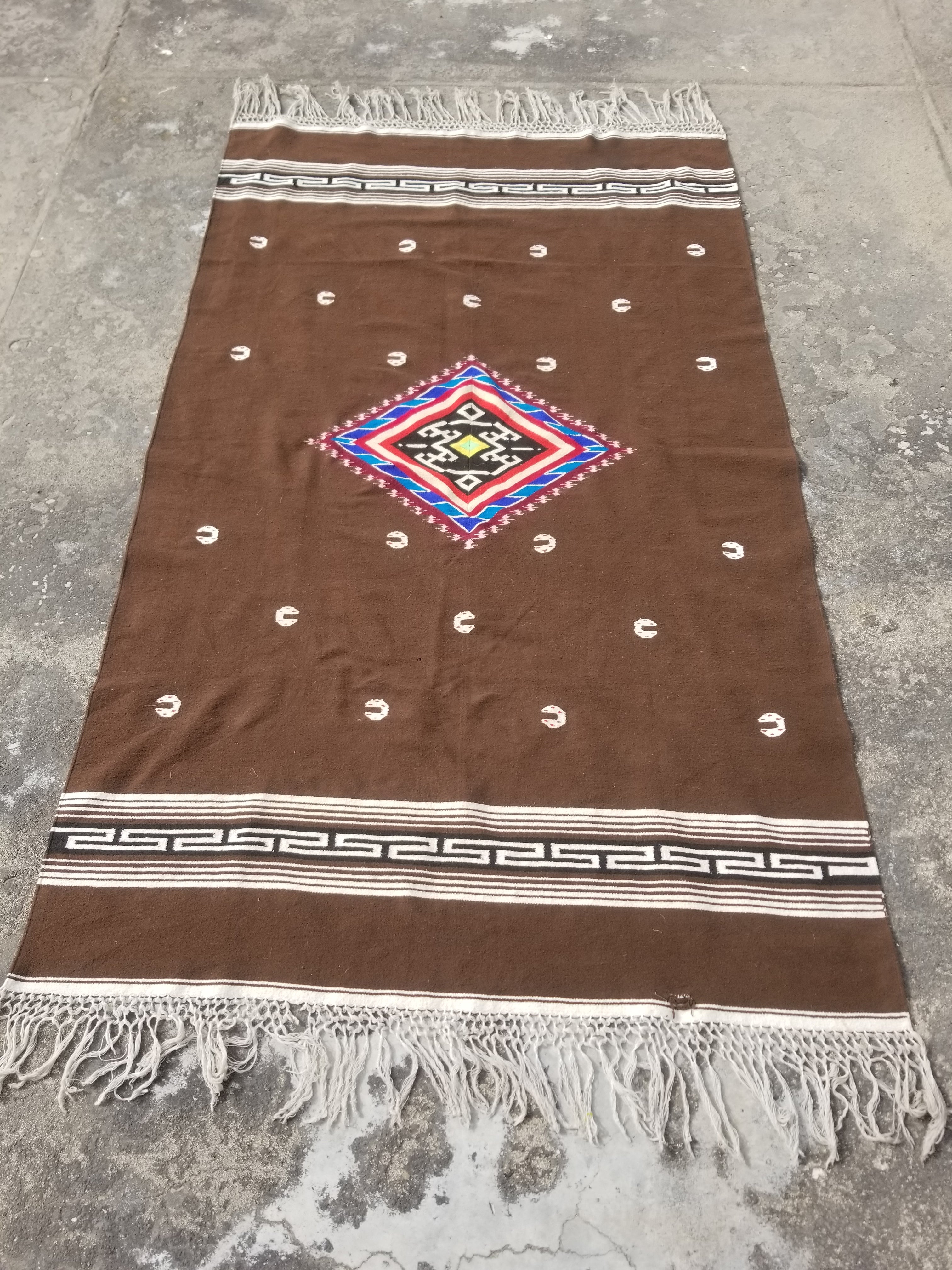 Vintage Handmade Mexican Tribal Medallion Wool Kilim Rug 209x122cm