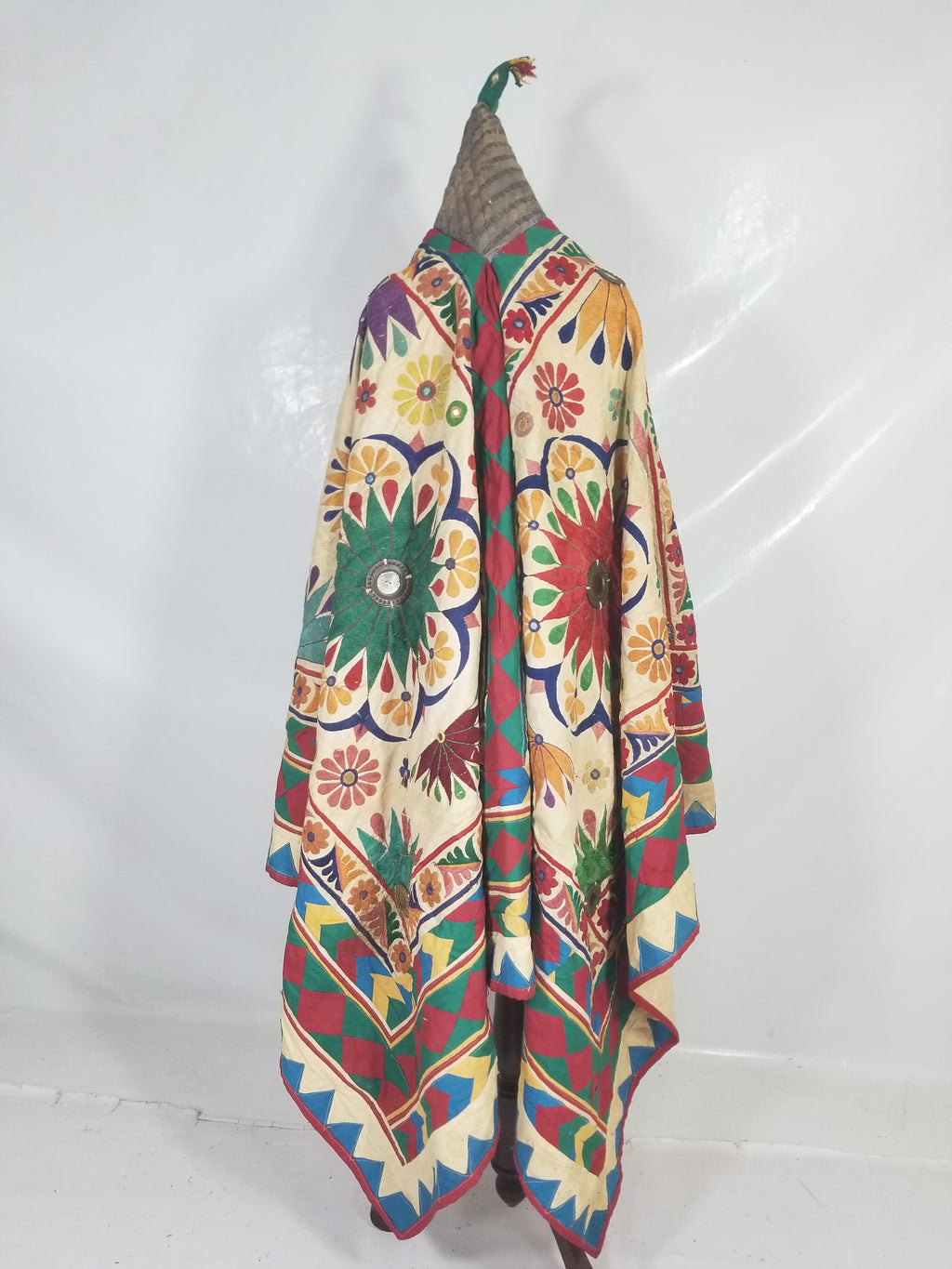 Vintage Indian Kutch Floral Embroidered Mirrorwork Textile Shawl 180x84cm