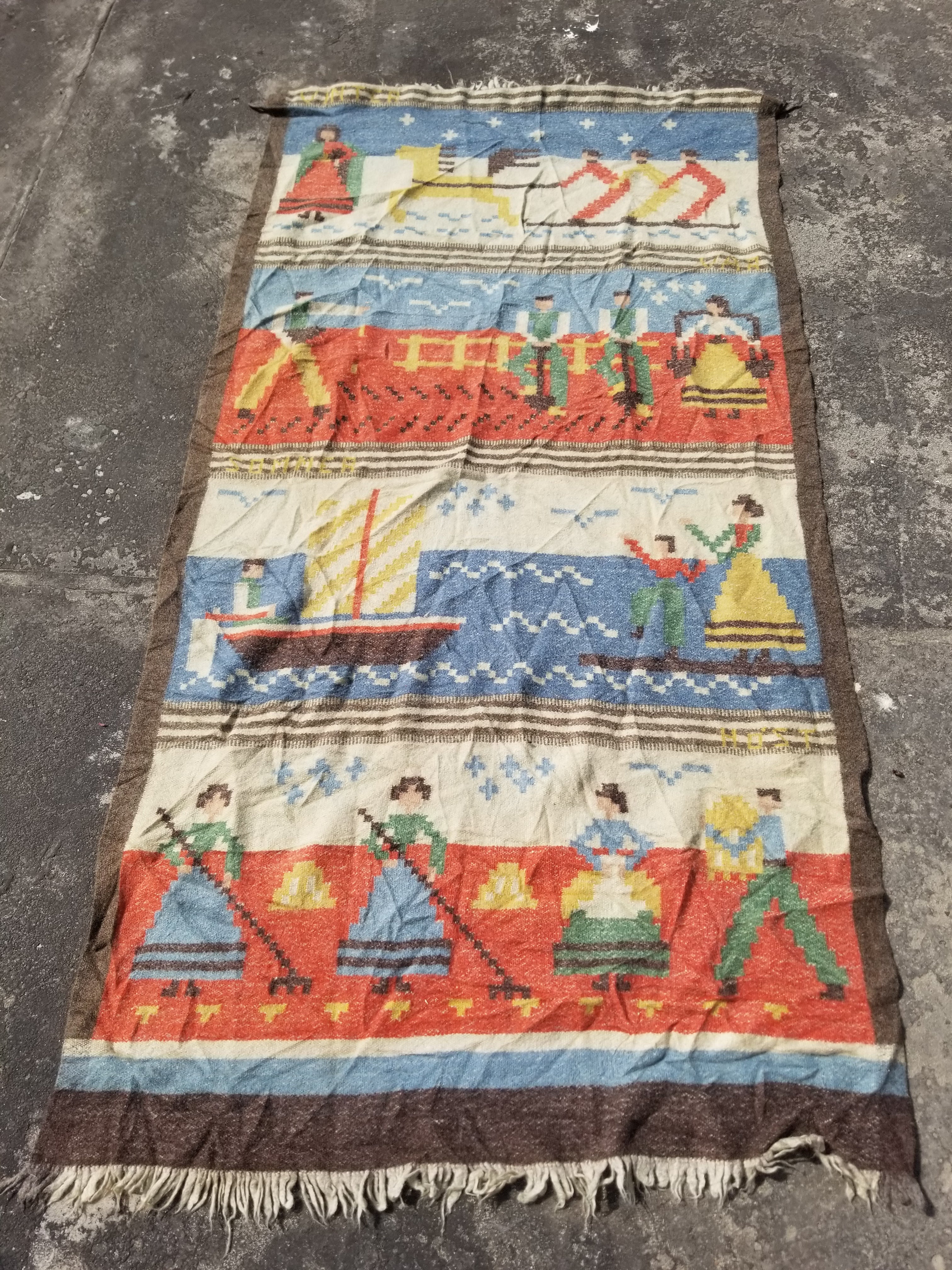 Vintage Handwoven Swedish Folk Art Wool Multicolor Kilim Tapestry 193x103cm