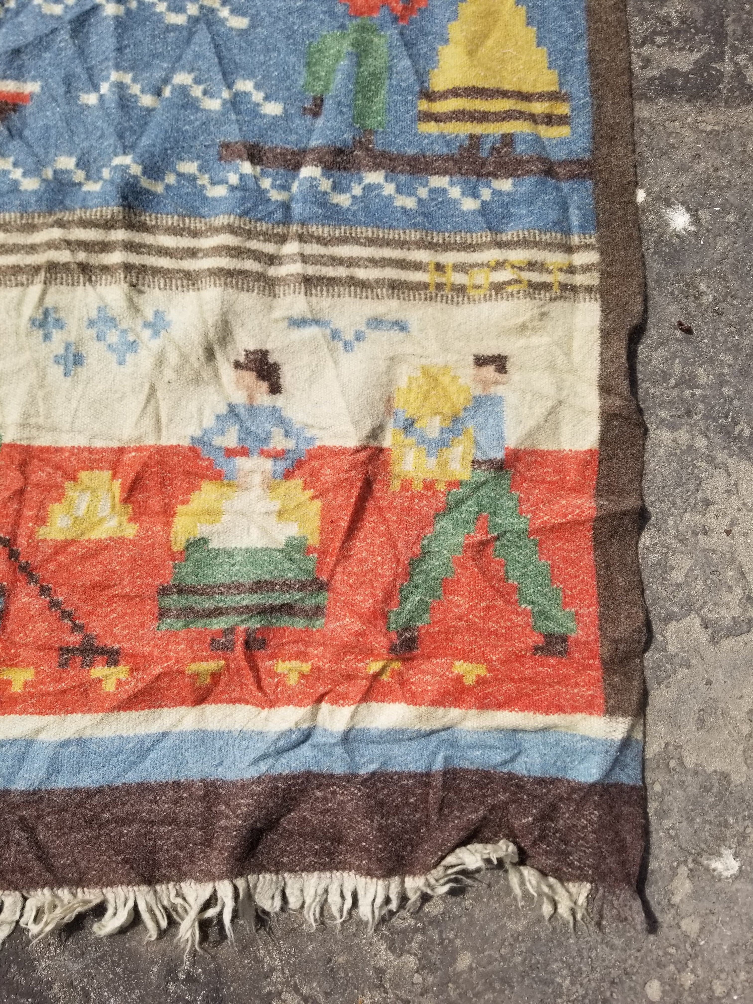 Vintage Handwoven Swedish Folk Art Wool Multicolor Kilim Tapestry 193x103cm