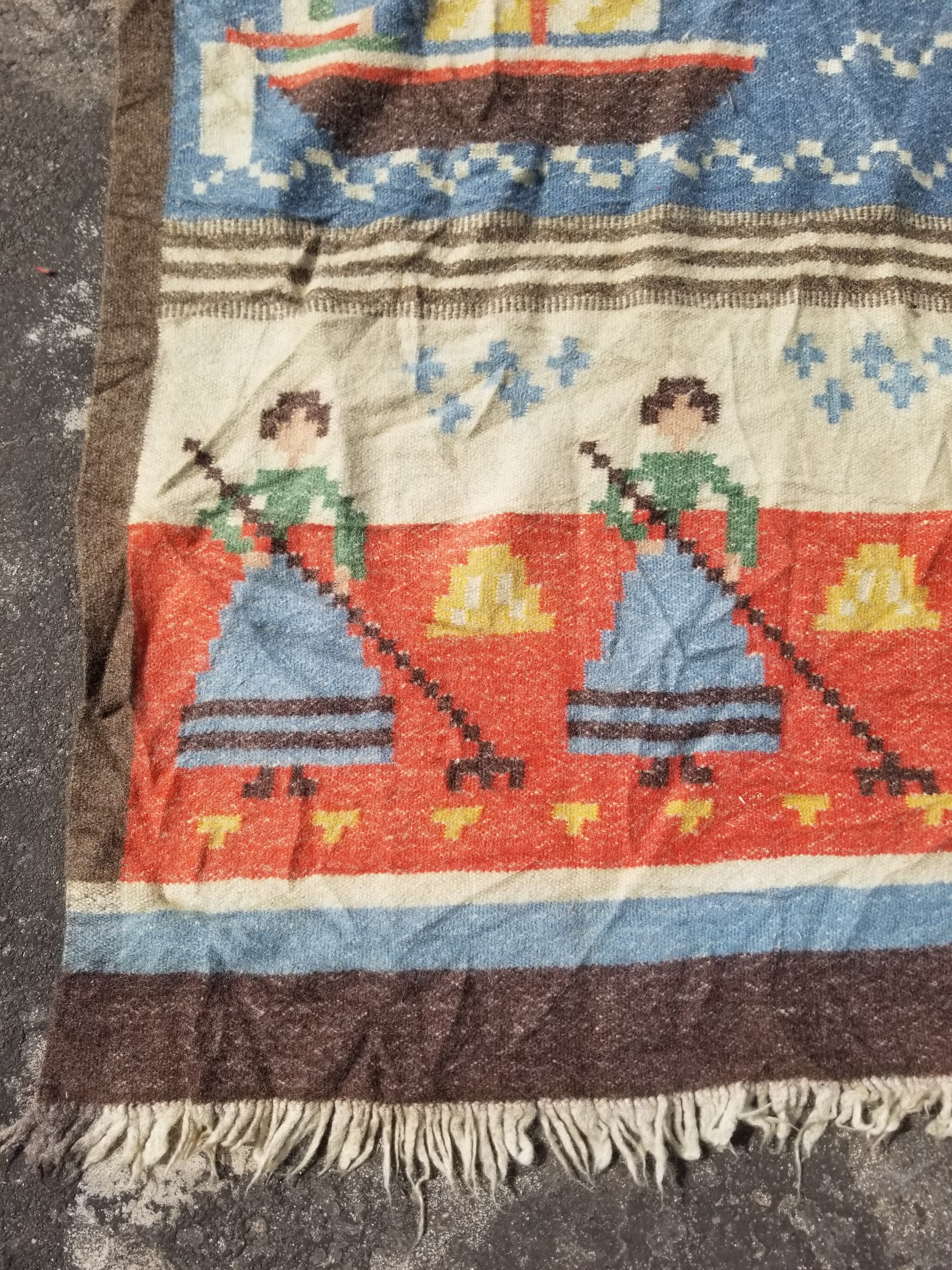 Vintage Handwoven Swedish Folk Art Wool Multicolor Kilim Tapestry 193x103cm