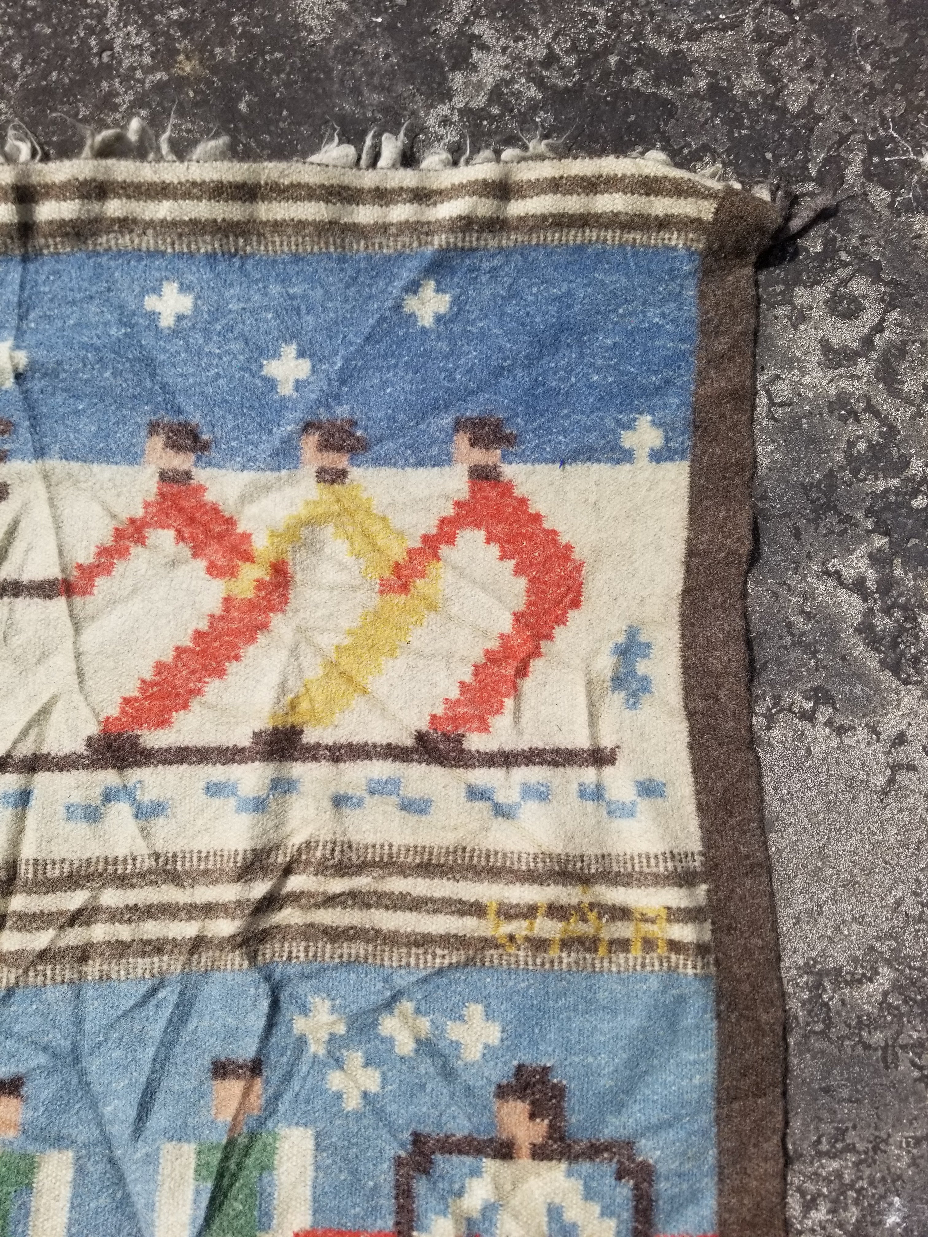 Vintage Handwoven Swedish Folk Art Wool Multicolor Kilim Tapestry 193x103cm