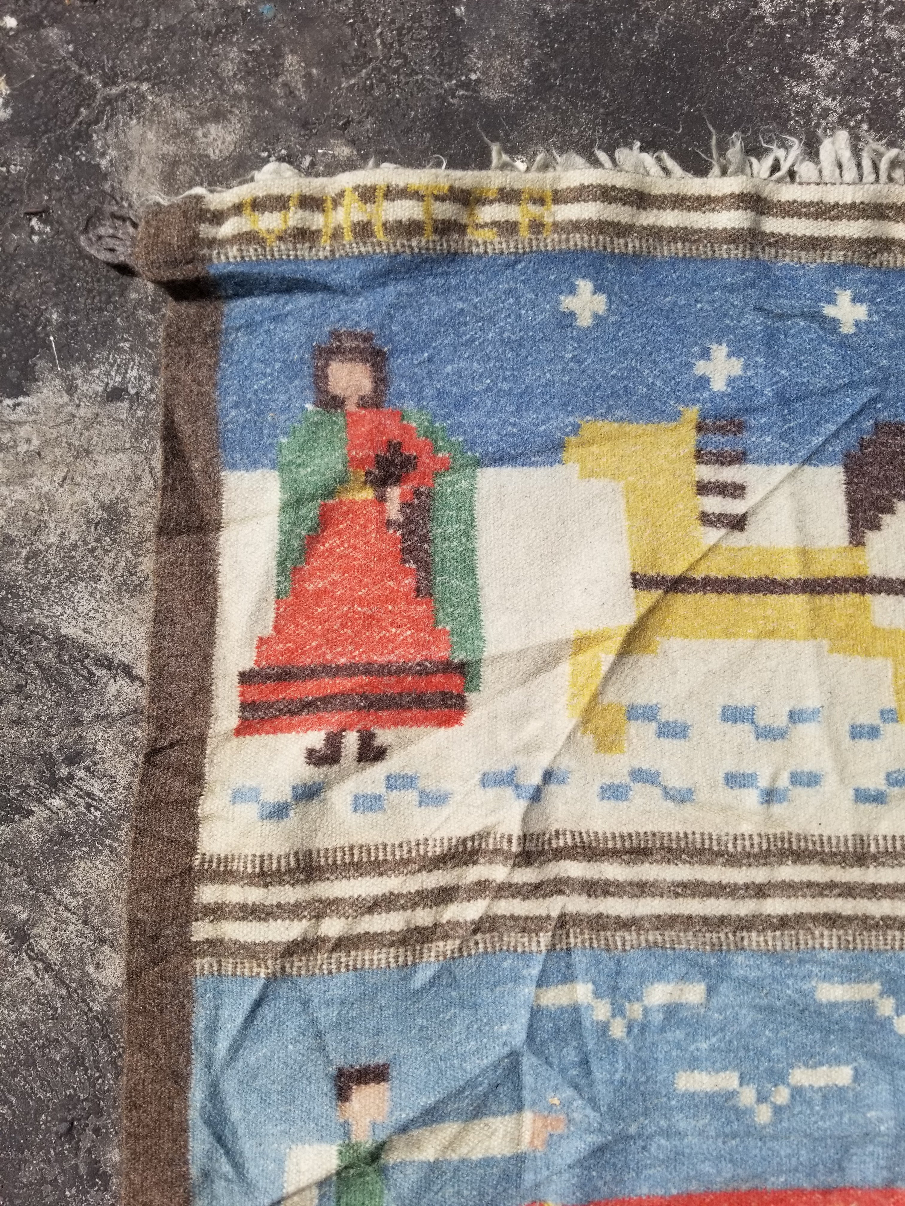 Vintage Handwoven Swedish Folk Art Wool Multicolor Kilim Tapestry 193x103cm