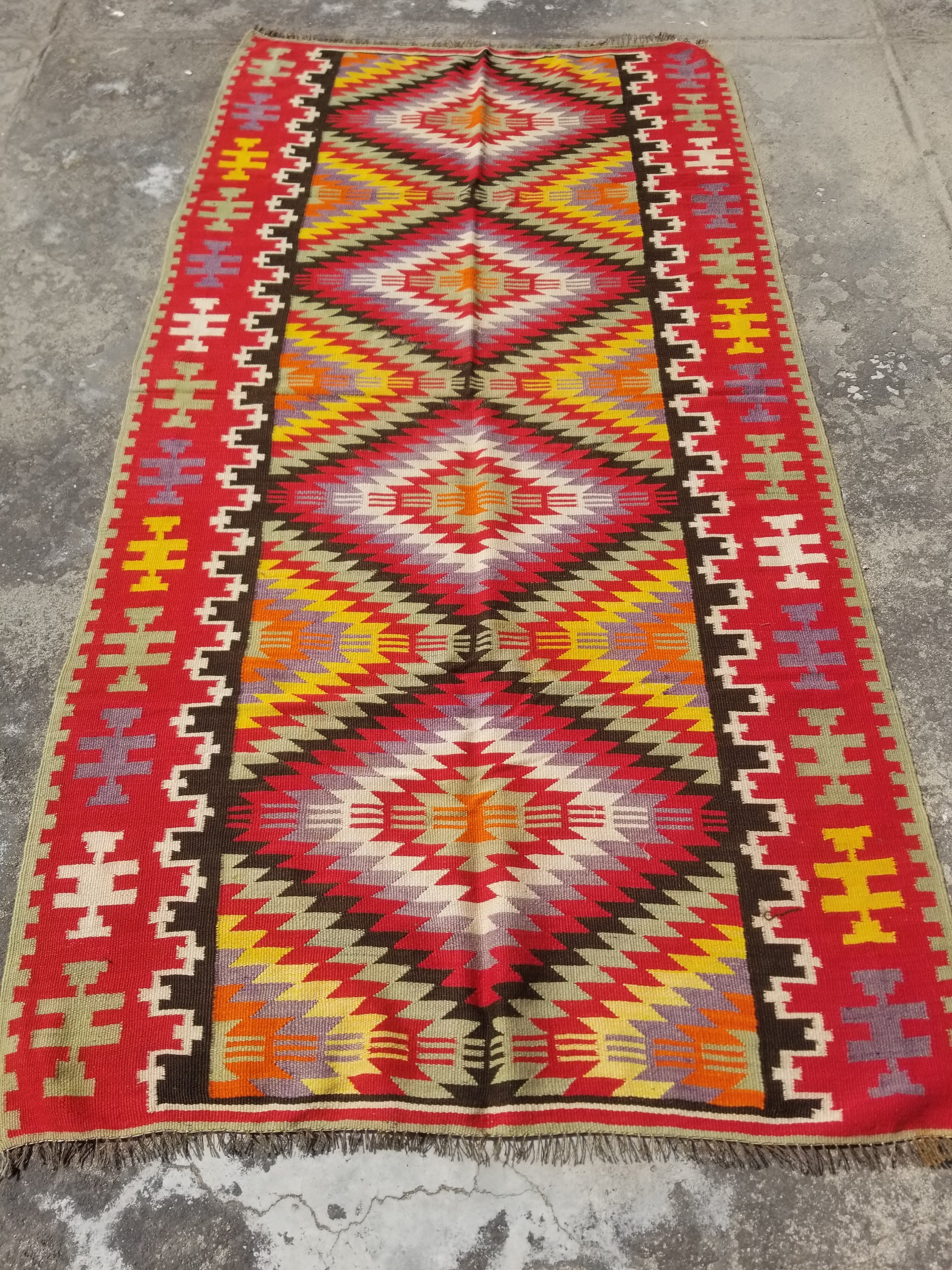 Vintage Traditional Handwoven Turkish Anatolian Wool Multicolor Kilim 248x127cm