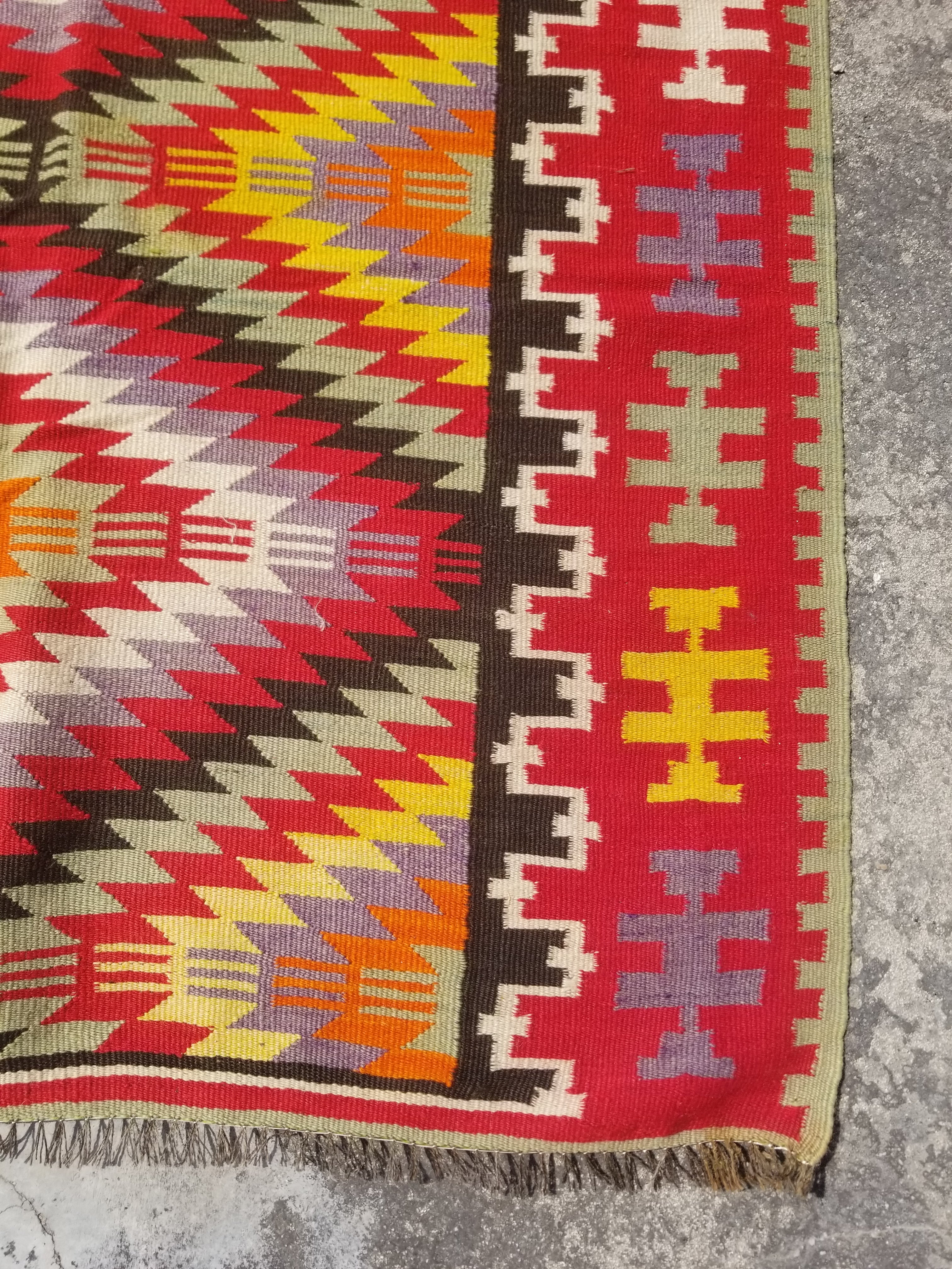 Vintage Traditional Handwoven Turkish Anatolian Wool Multicolor Kilim 248x127cm