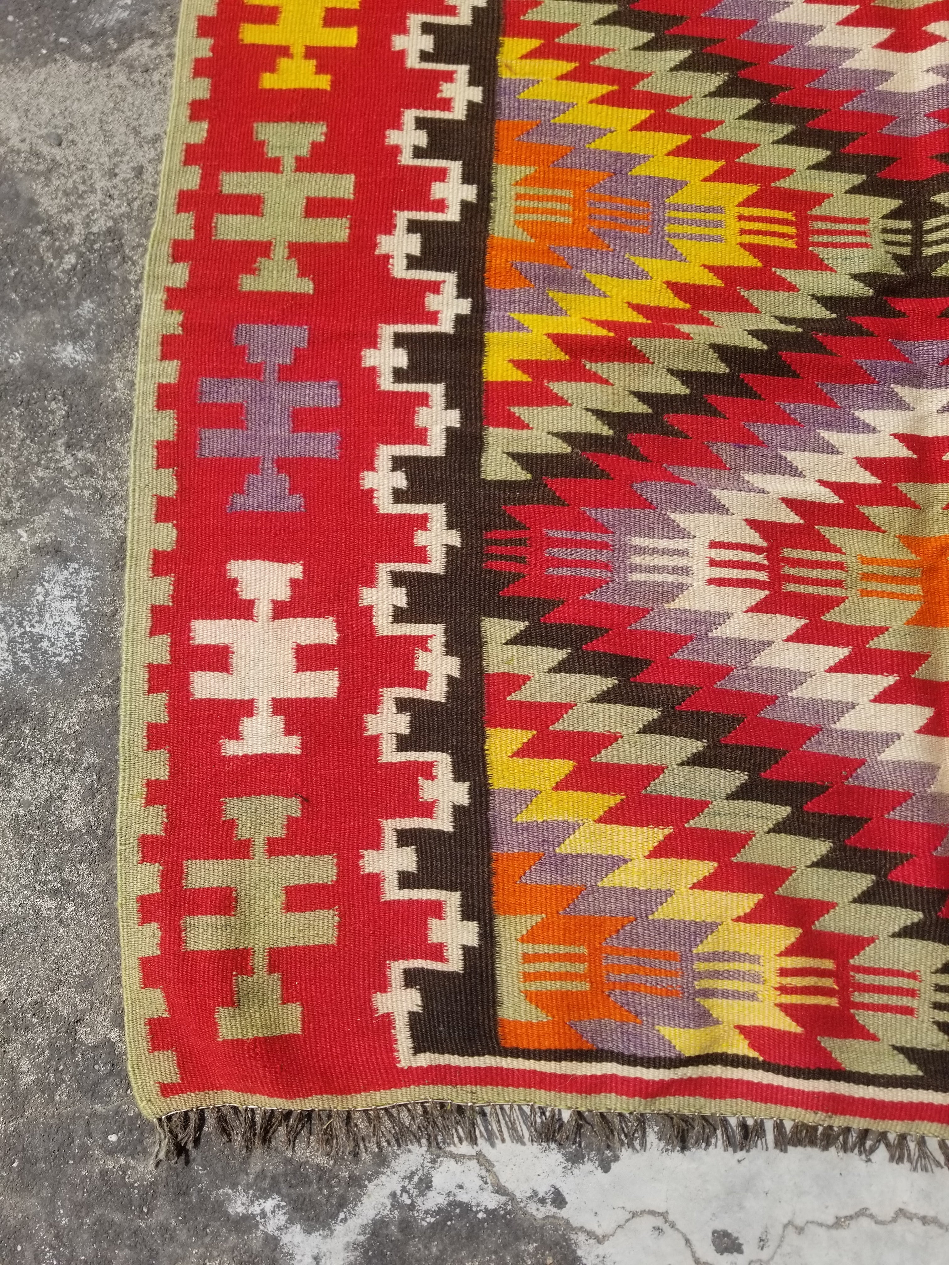 Vintage Traditional Handwoven Turkish Anatolian Wool Multicolor Kilim 248x127cm