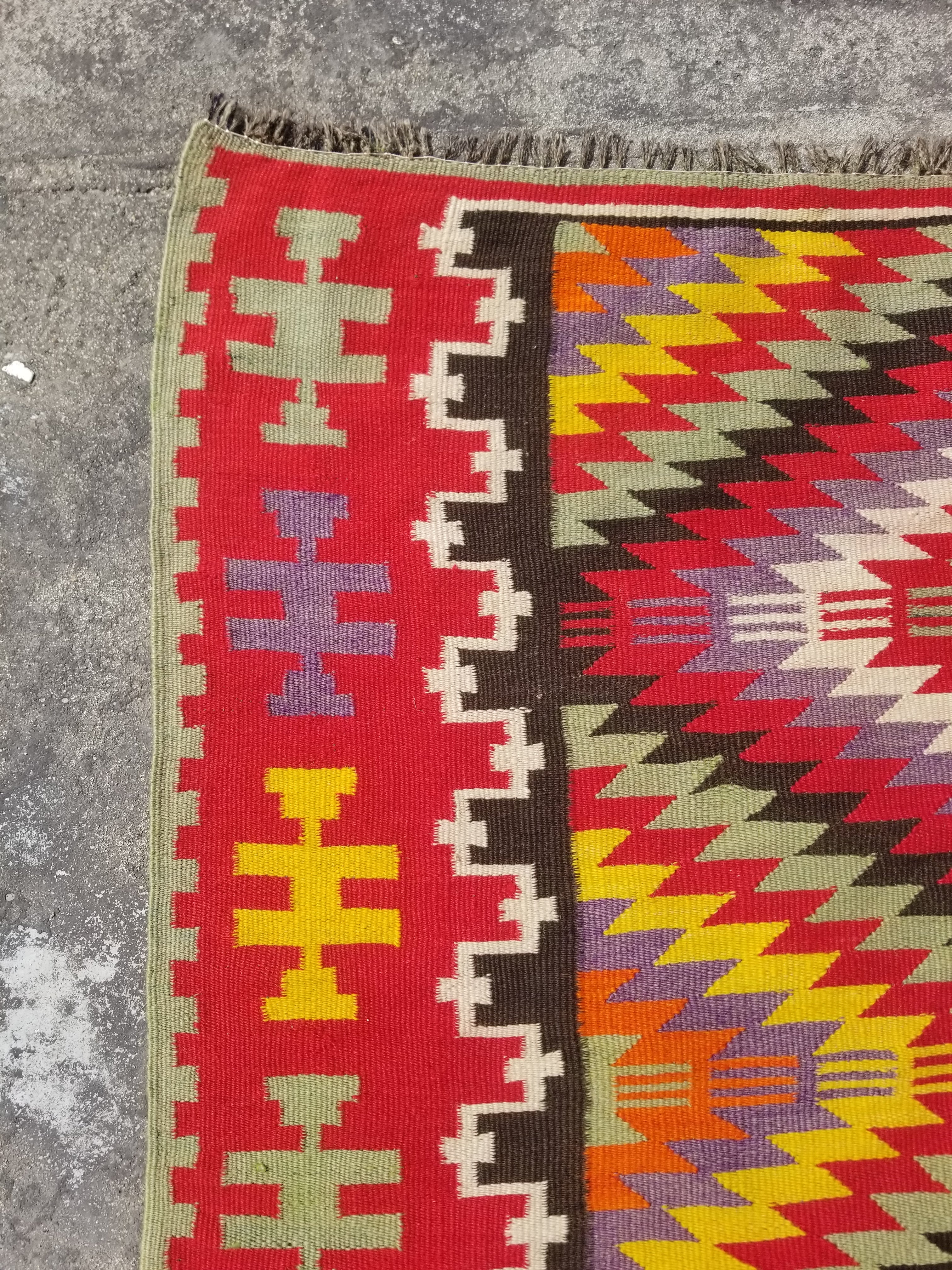Vintage Traditional Handwoven Turkish Anatolian Wool Multicolor Kilim 248x127cm