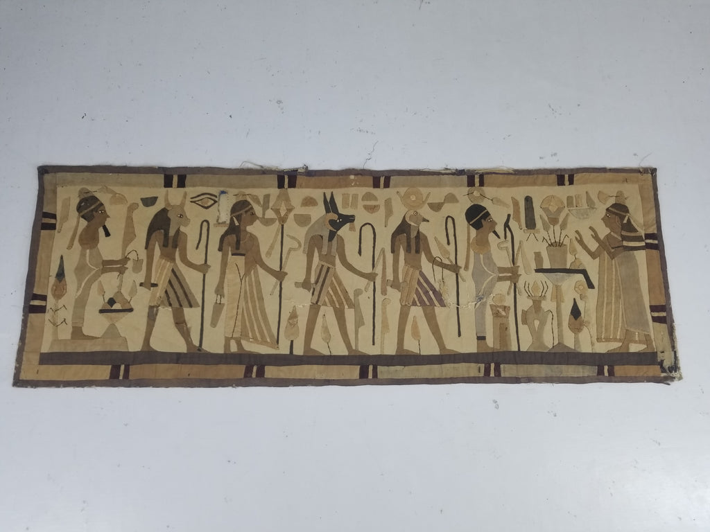 Vintage Egyptian Revival Appliqué Ancient Deity Procession Scene Tapestry 142x50cm