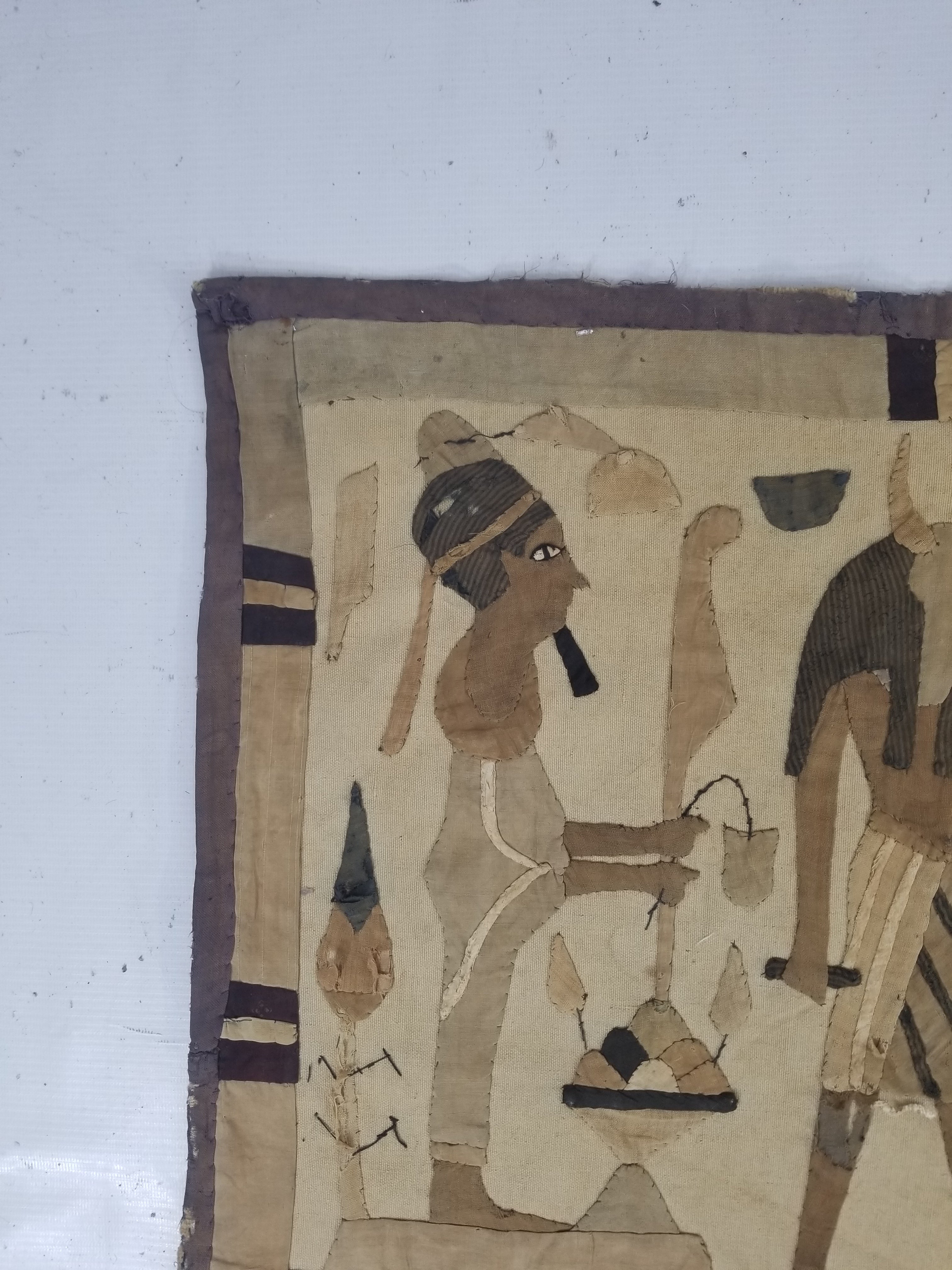 Vintage Egyptian Revival Appliqué Ancient Deity Procession Scene Tapestry 142x50cm