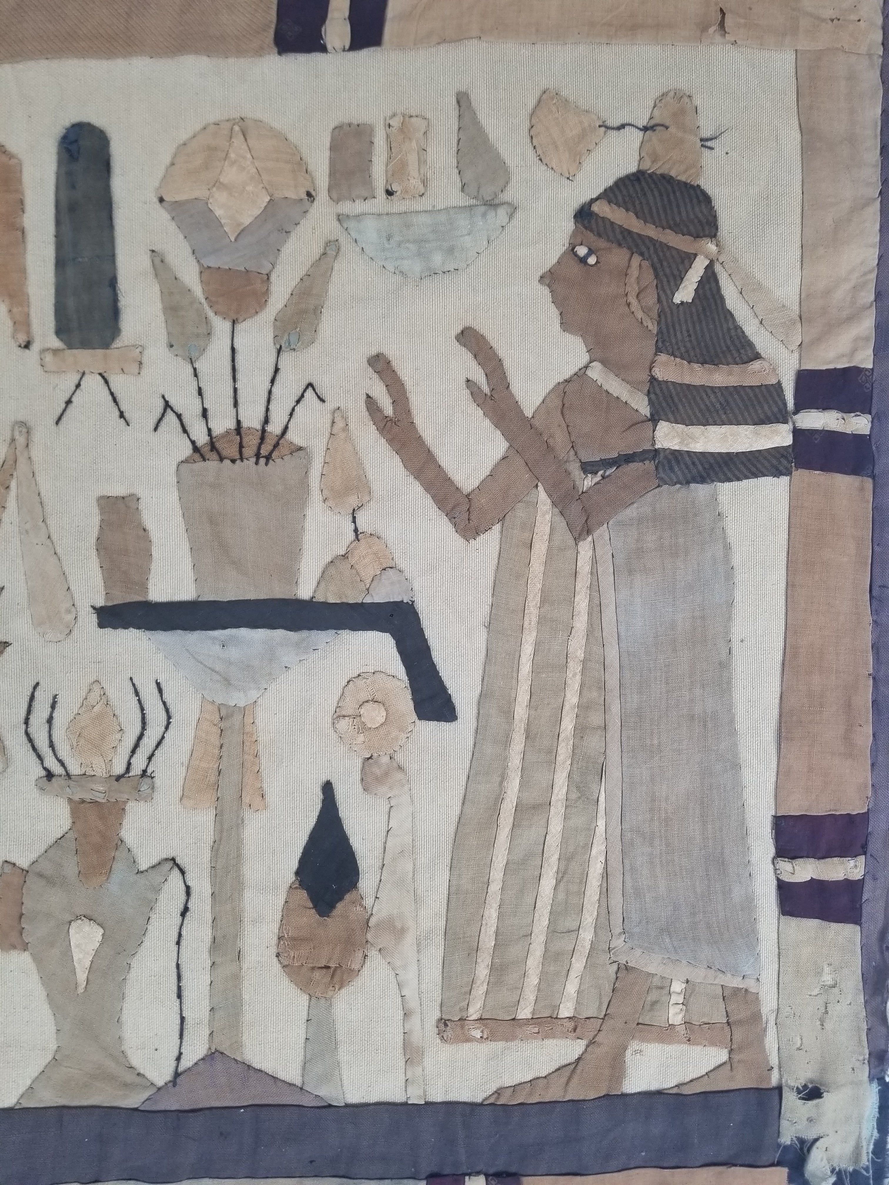 Vintage Egyptian Revival Appliqué Ancient Deity Procession Scene Tapestry 142x50cm