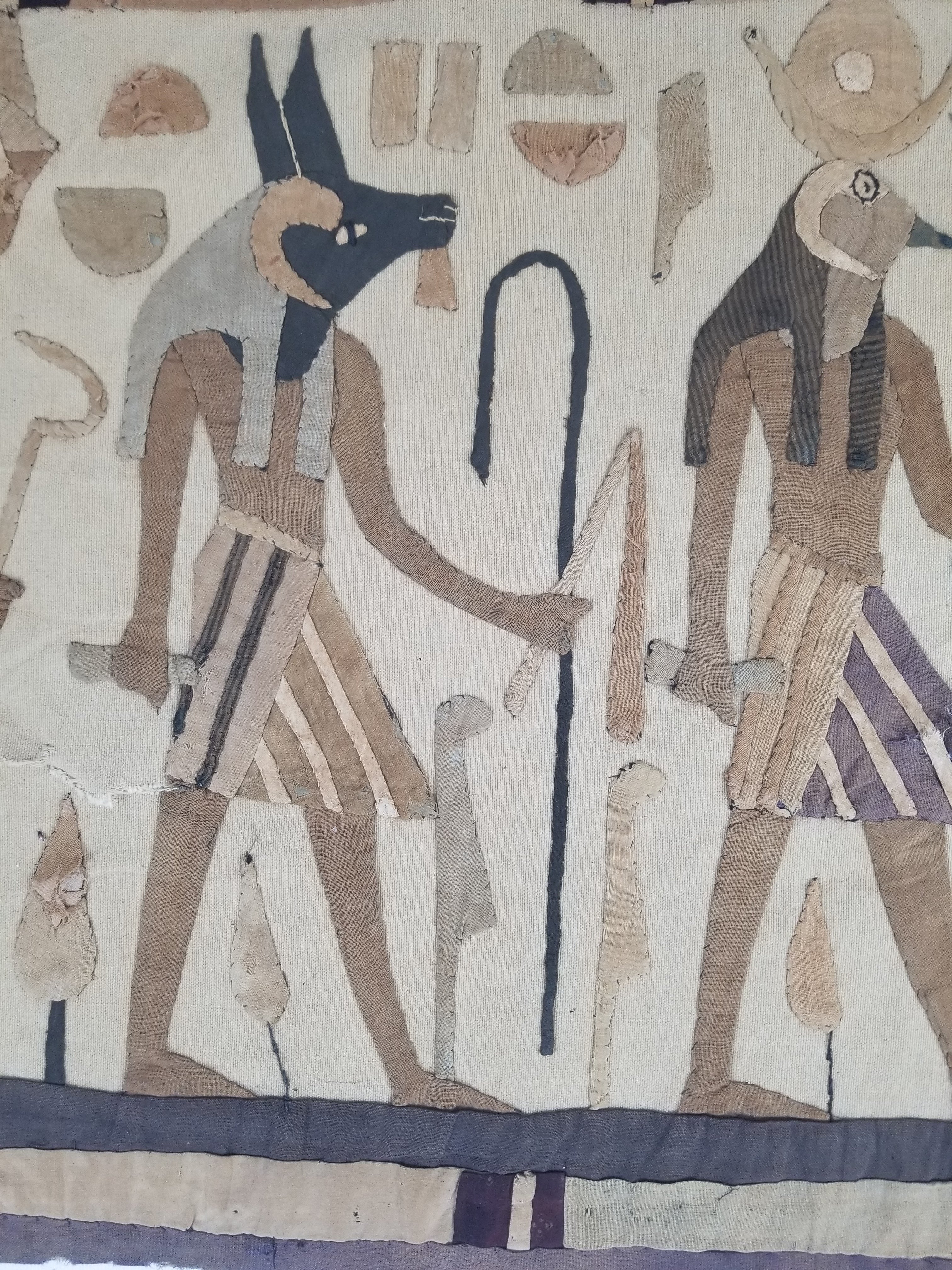 Vintage Egyptian Revival Appliqué Ancient Deity Procession Scene Tapestry 142x50cm