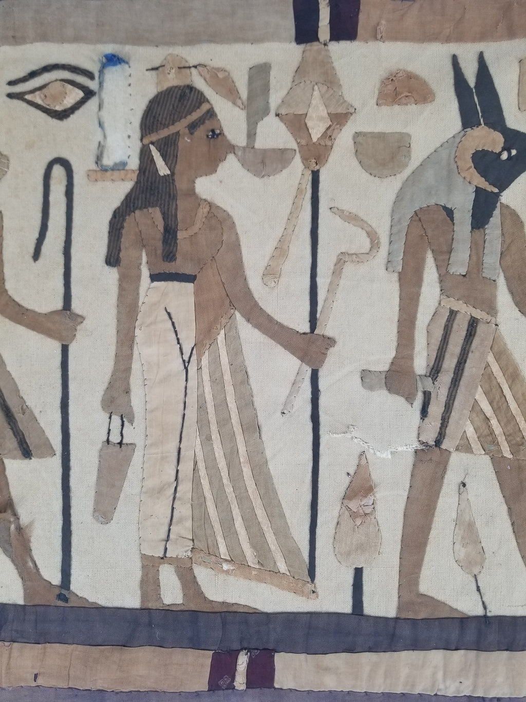 Vintage Egyptian Revival Appliqué Ancient Deity Procession Scene Tapestry 142x50cm