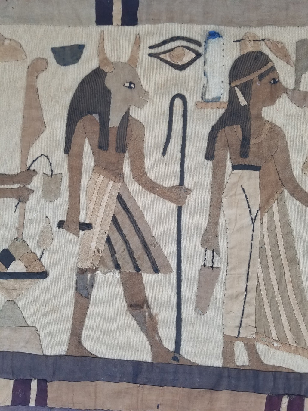 Vintage Egyptian Revival Appliqué Ancient Deity Procession Scene Tapestry 142x50cm