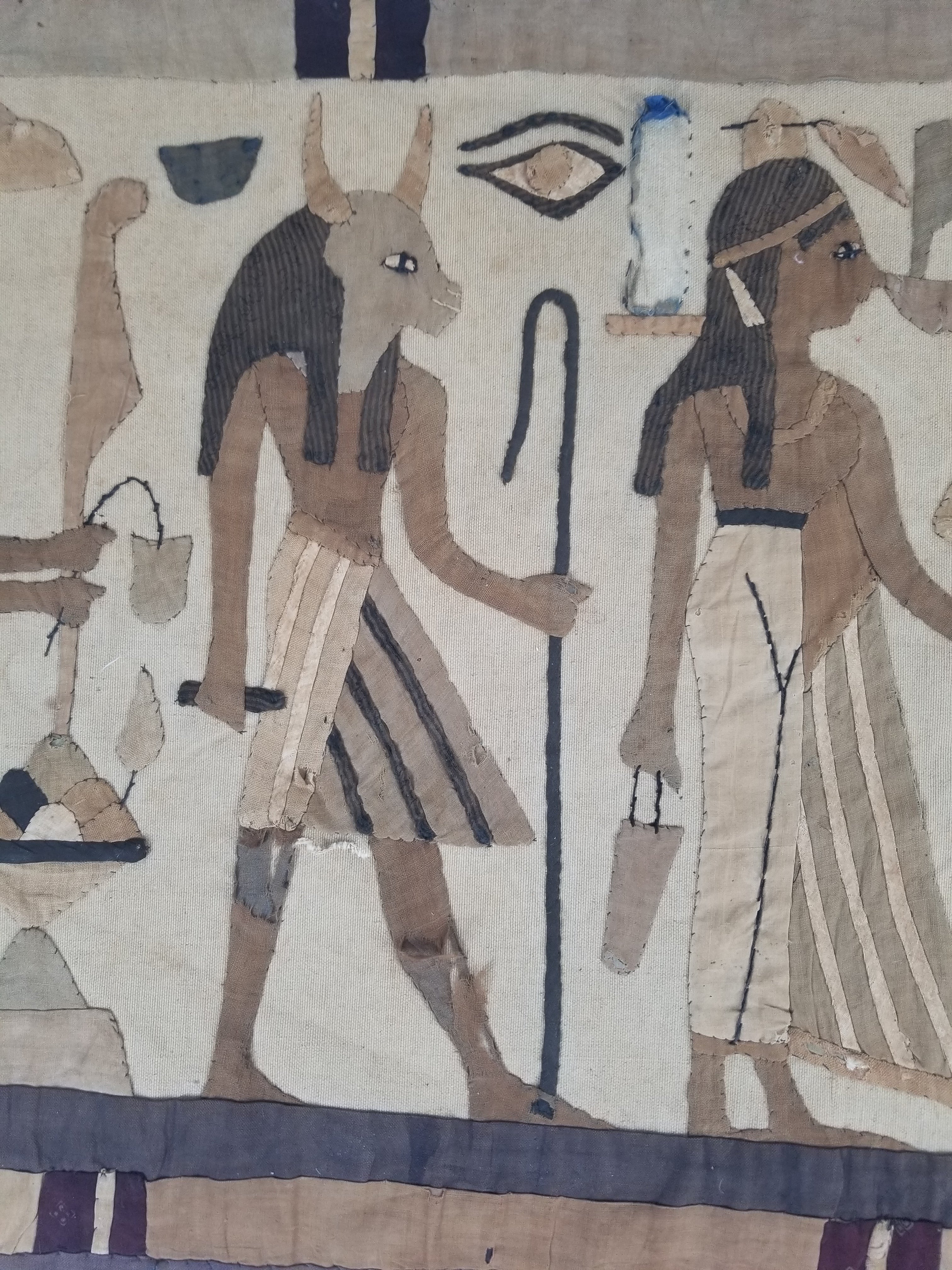 Vintage Egyptian Revival Appliqué Ancient Deity Procession Scene Tapestry 142x50cm