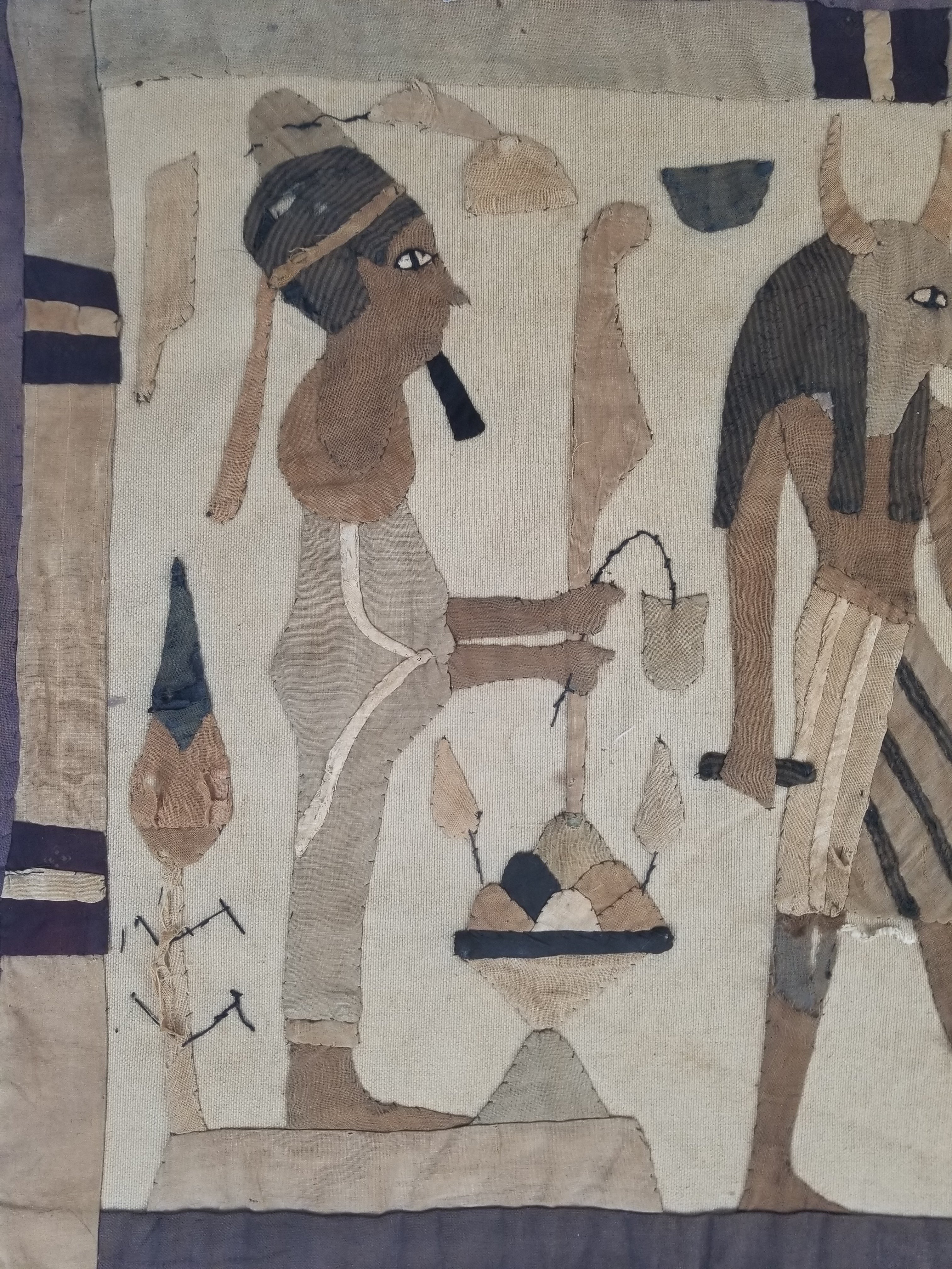 Vintage Egyptian Revival Appliqué Ancient Deity Procession Scene Tapestry 142x50cm