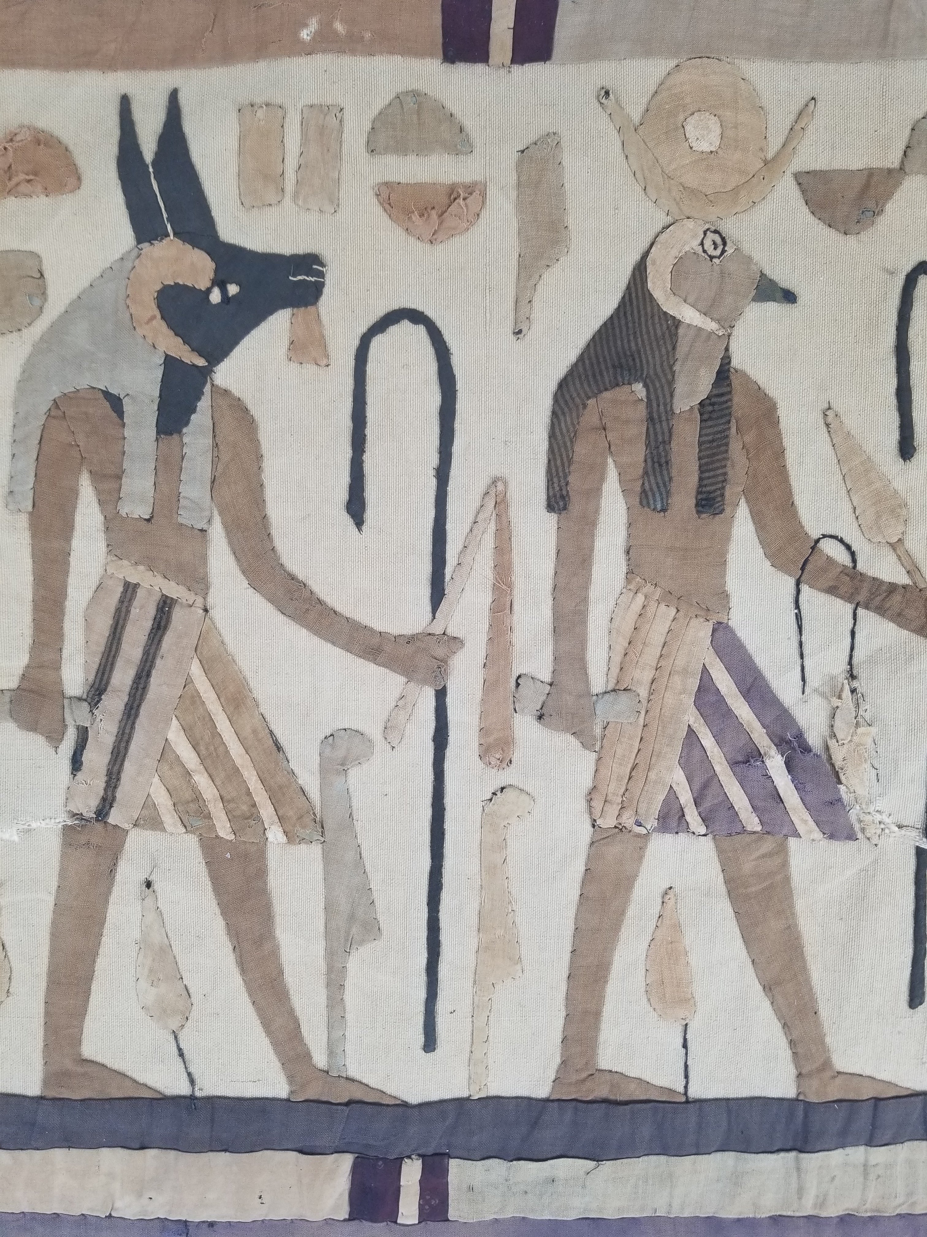 Vintage Egyptian Revival Appliqué Ancient Deity Procession Scene Tapestry 142x50cm
