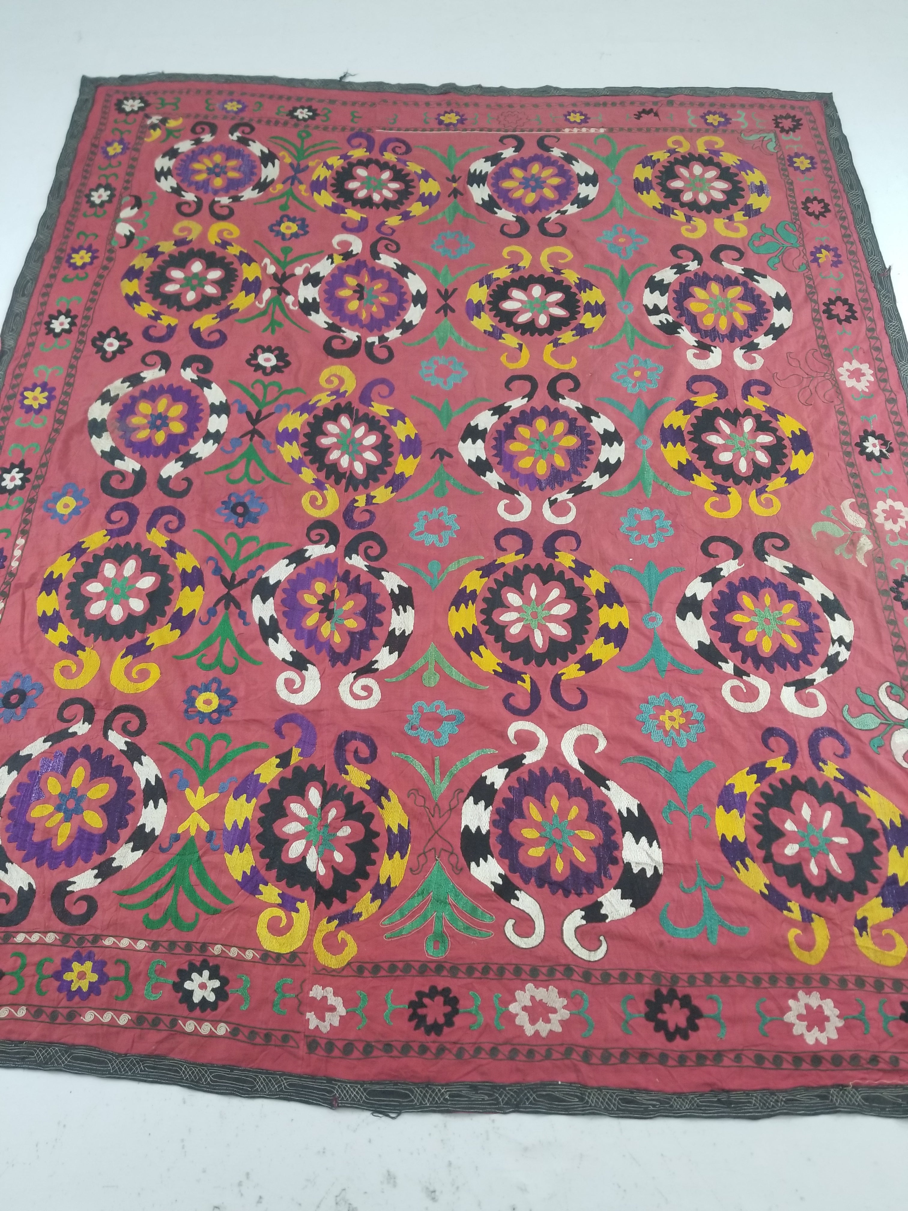 Vintage Central Asian Suzani Floral Medallion Embroidered Wall Hanging 213x178cm