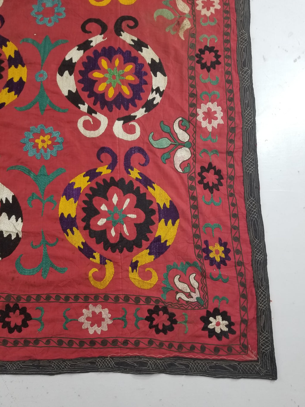 Vintage Central Asian Suzani Floral Medallion Embroidered Wall Hanging 213x178cm