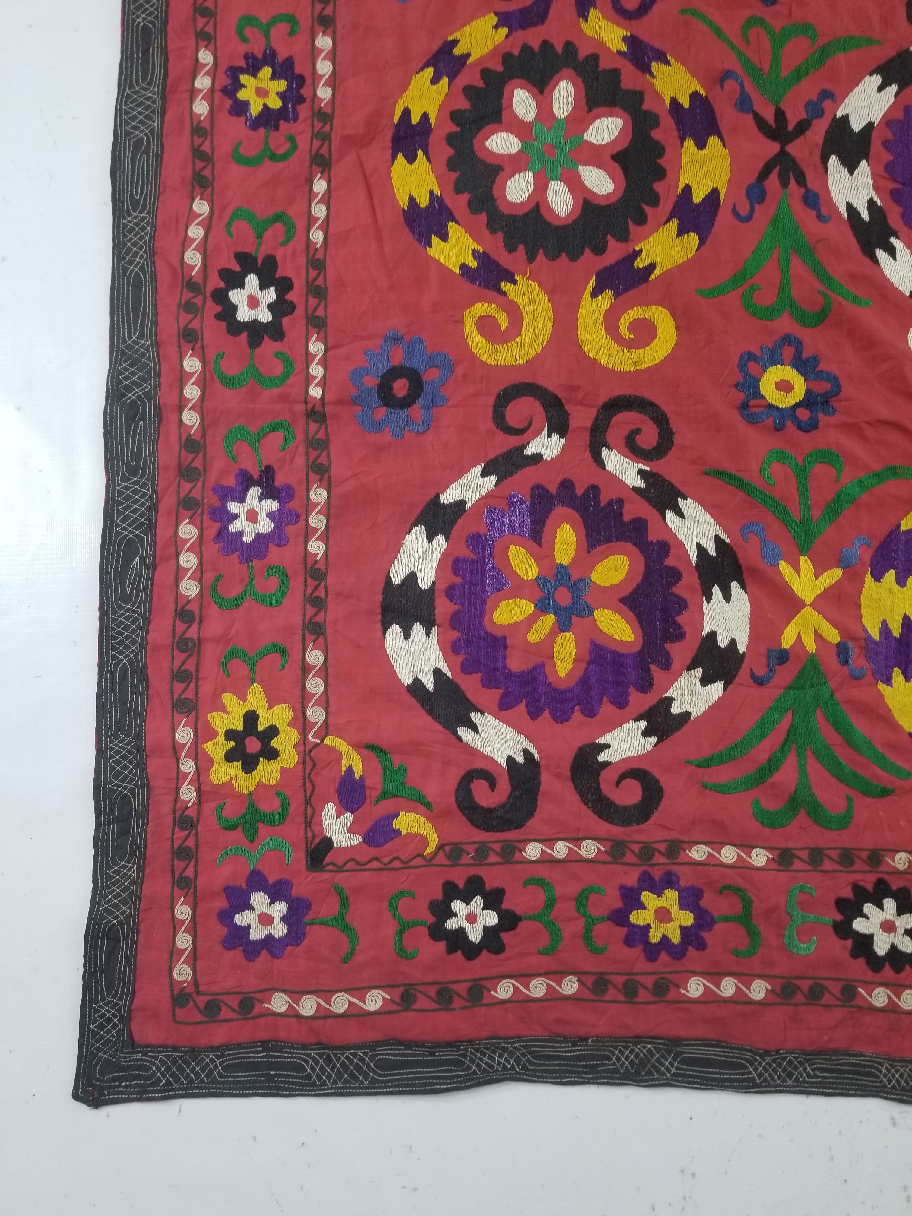 Vintage Central Asian Suzani Floral Medallion Embroidered Wall Hanging 213x178cm