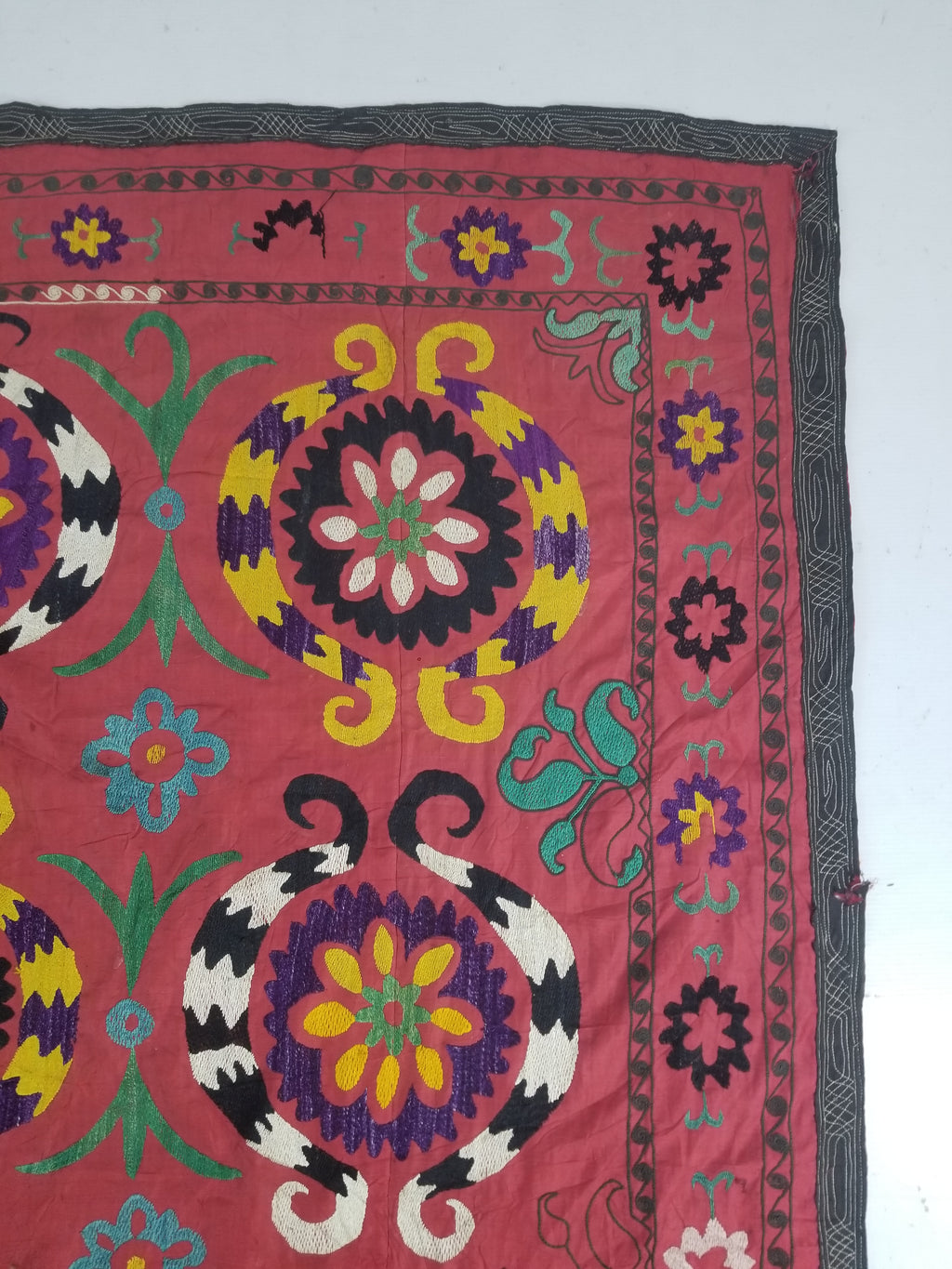 Vintage Central Asian Suzani Floral Medallion Embroidered Wall Hanging 213x178cm