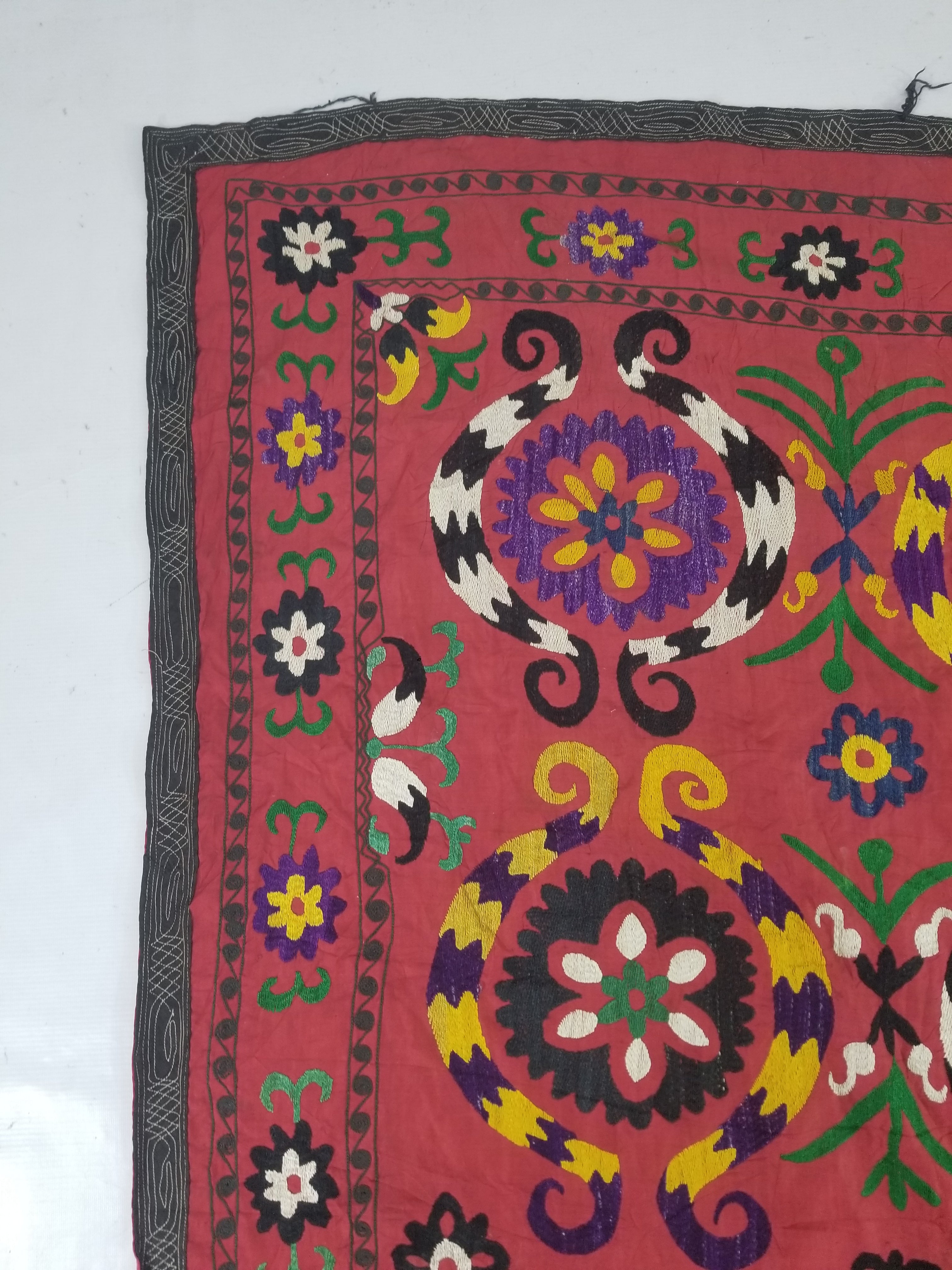 Vintage Central Asian Suzani Floral Medallion Embroidered Wall Hanging 213x178cm