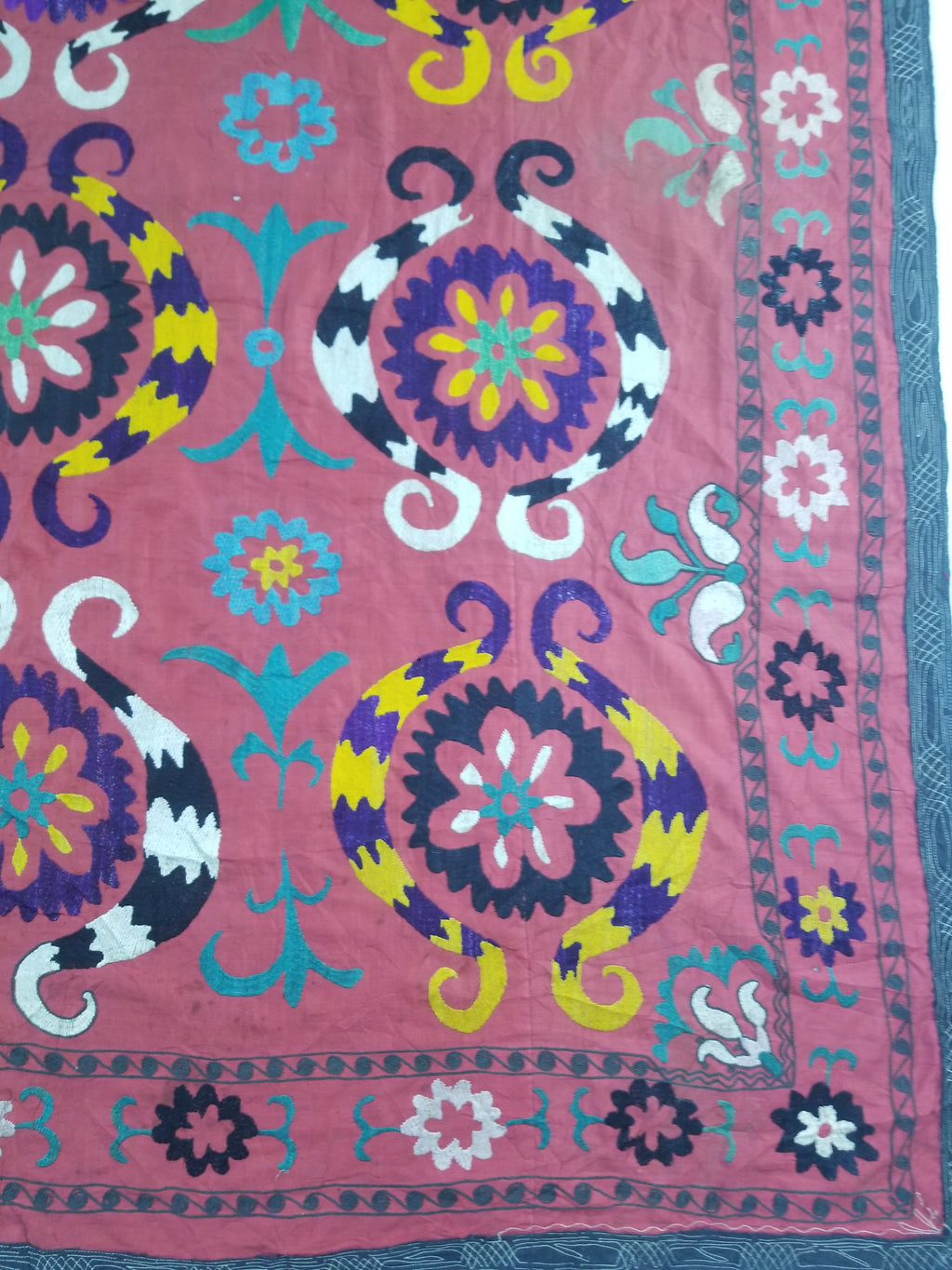 Vintage Central Asian Suzani Floral Medallion Embroidered Wall Hanging 213x178cm
