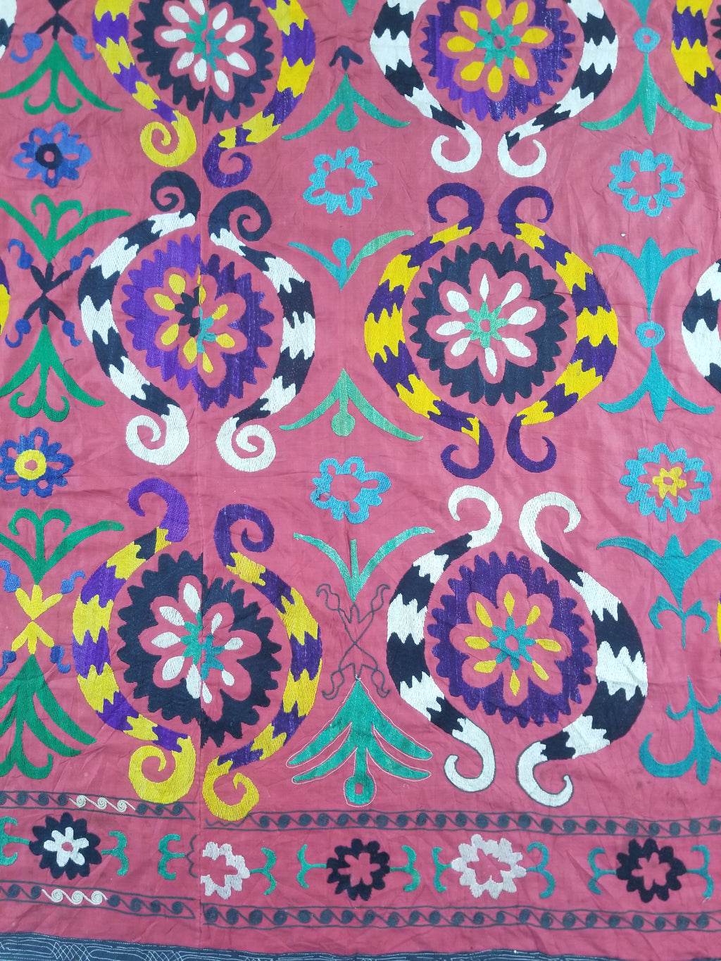 Vintage Central Asian Suzani Floral Medallion Embroidered Wall Hanging 213x178cm