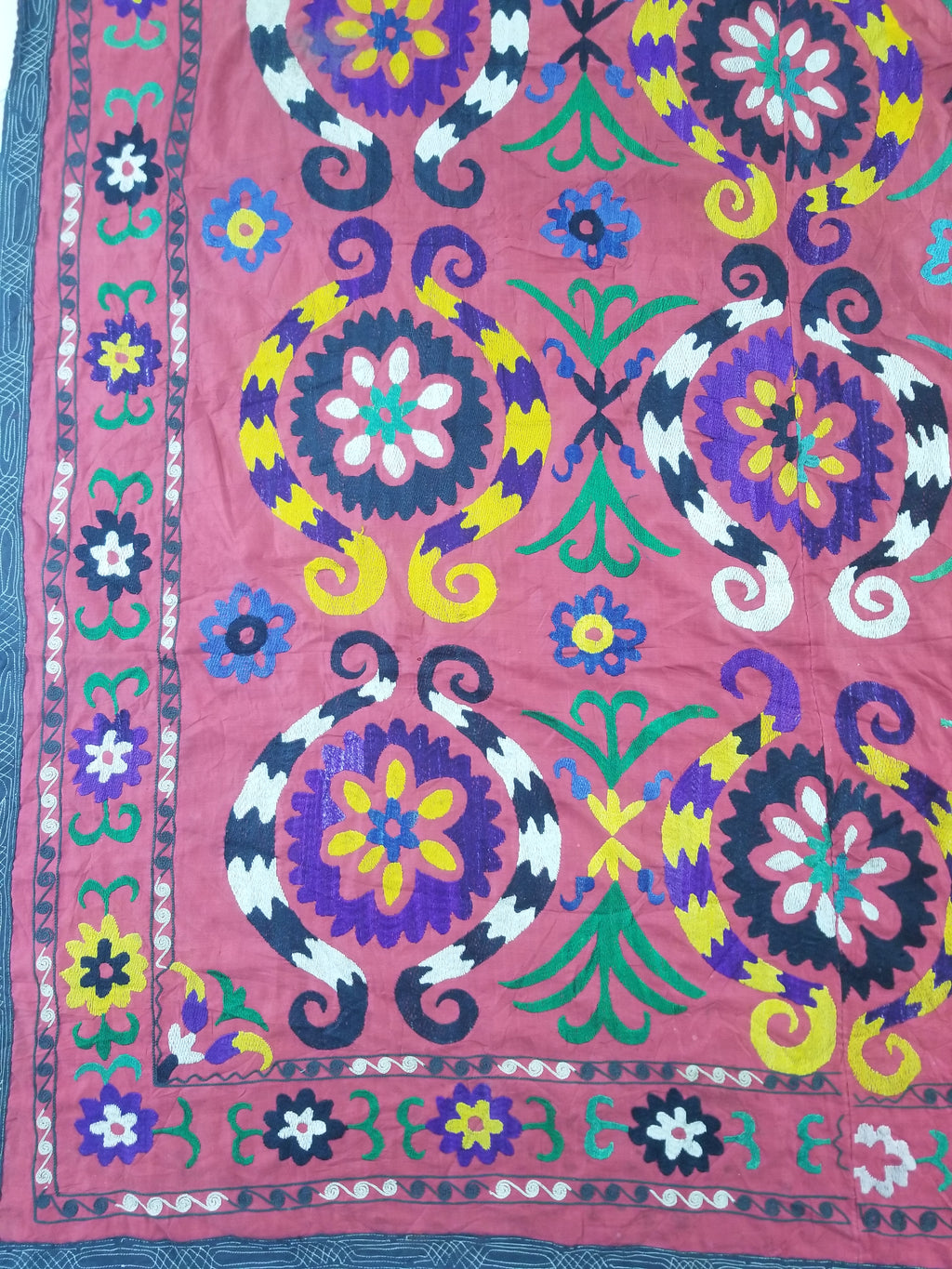 Vintage Central Asian Suzani Floral Medallion Embroidered Wall Hanging 213x178cm