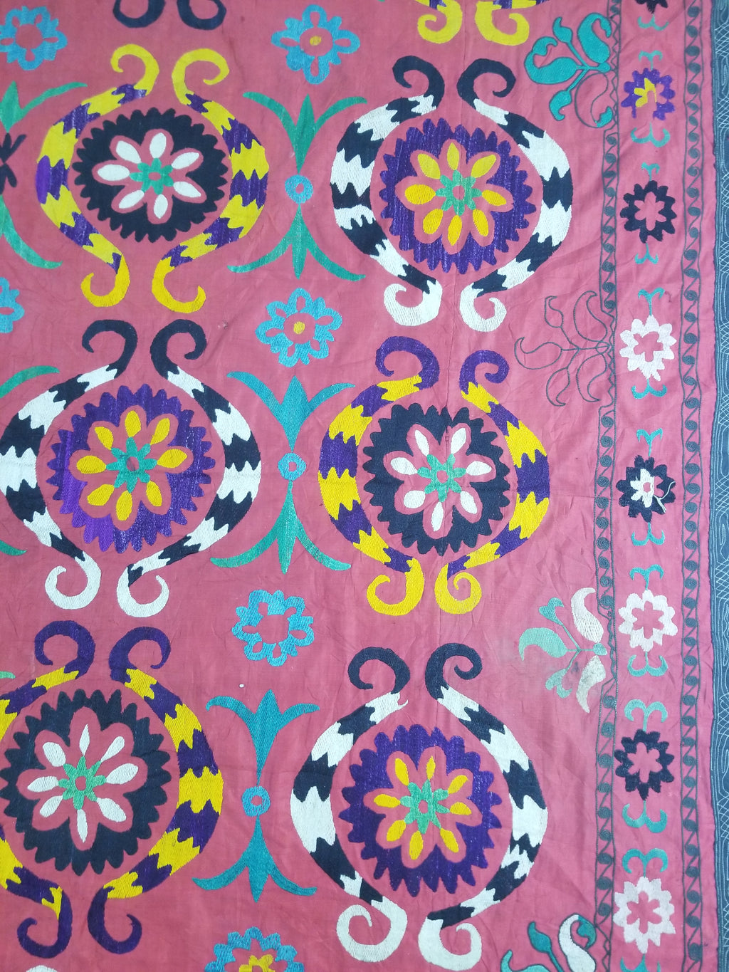 Vintage Central Asian Suzani Floral Medallion Embroidered Wall Hanging 213x178cm