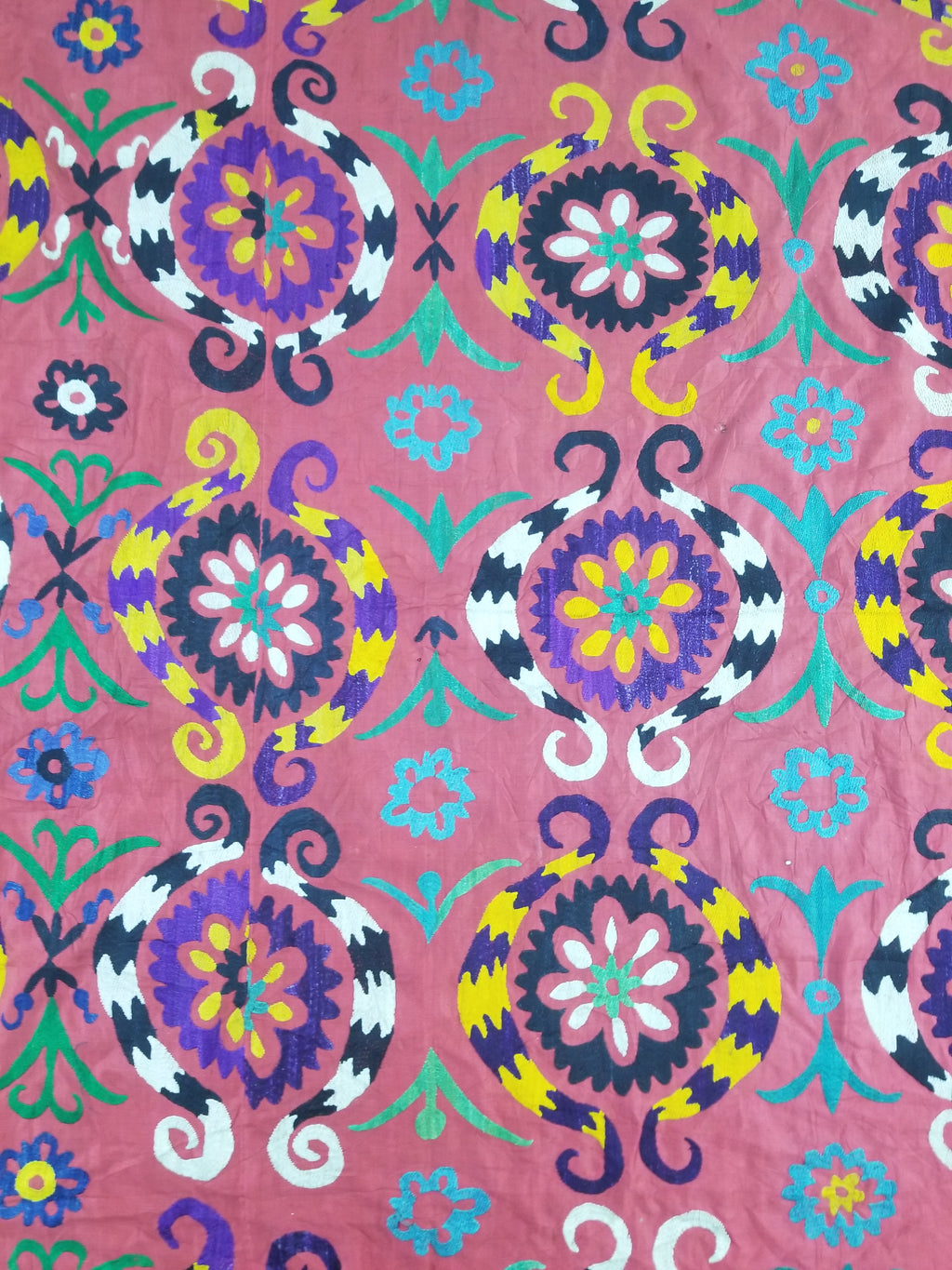 Vintage Central Asian Suzani Floral Medallion Embroidered Wall Hanging 213x178cm