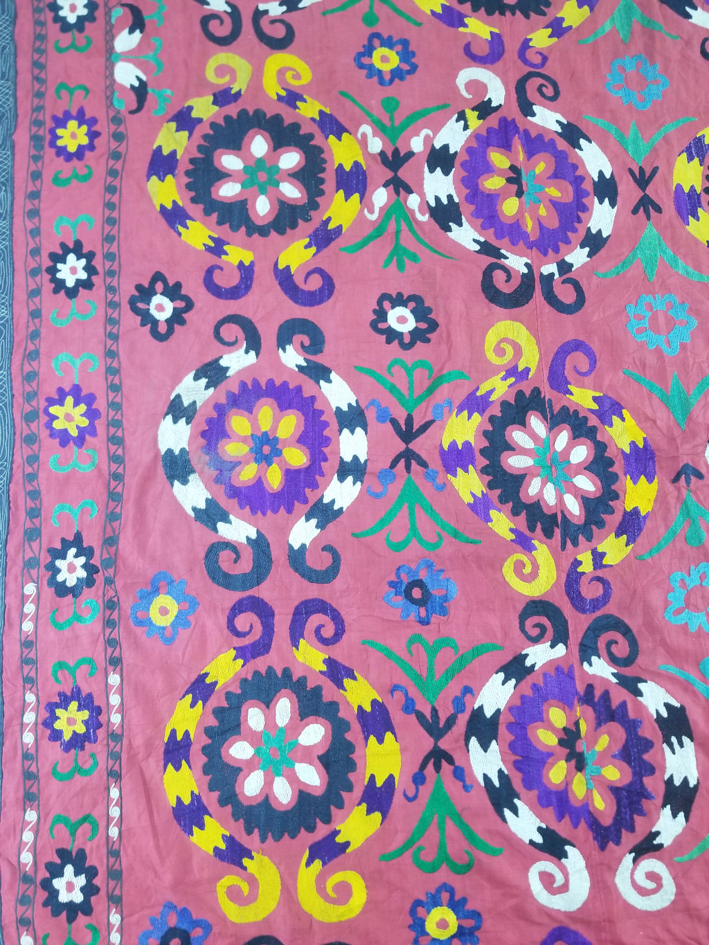 Vintage Central Asian Suzani Floral Medallion Embroidered Wall Hanging 213x178cm