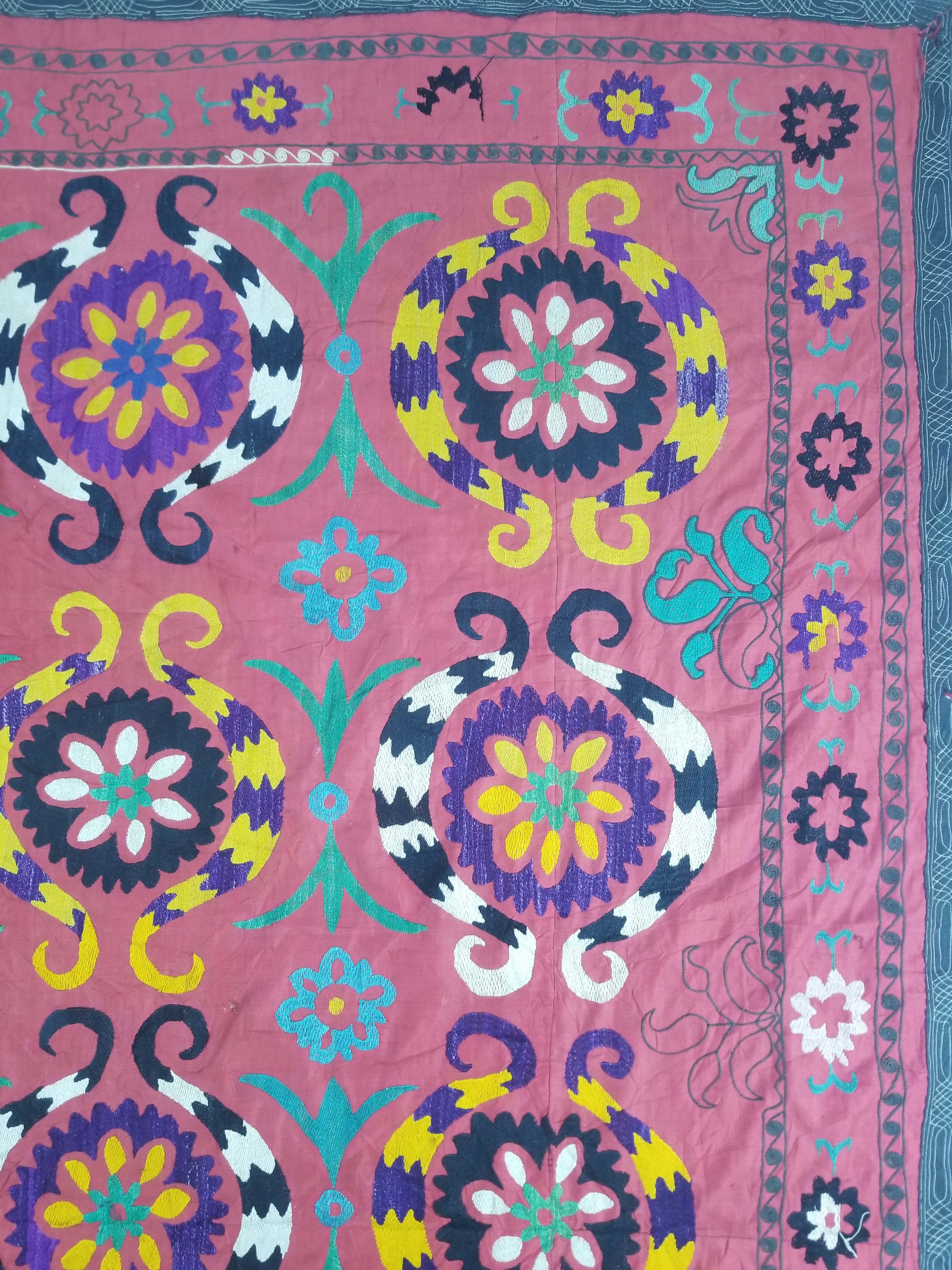 Vintage Central Asian Suzani Floral Medallion Embroidered Wall Hanging 213x178cm