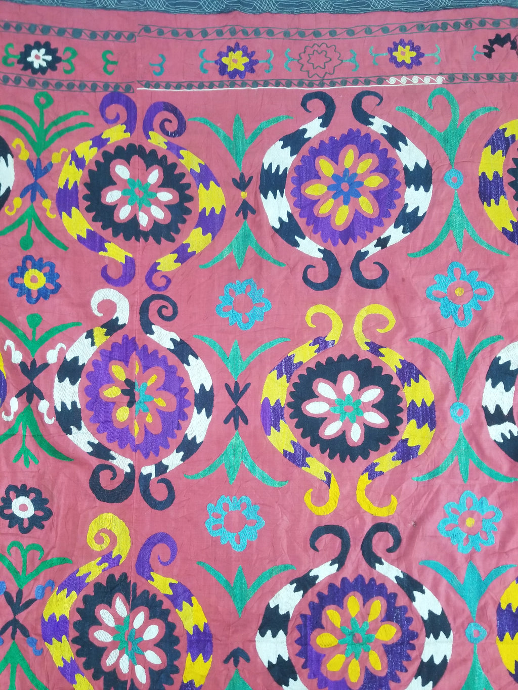 Vintage Central Asian Suzani Floral Medallion Embroidered Wall Hanging 213x178cm