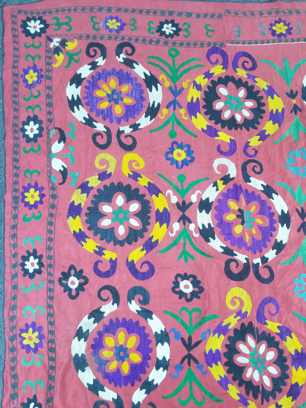 Vintage Central Asian Suzani Floral Medallion Embroidered Wall Hanging 213x178cm