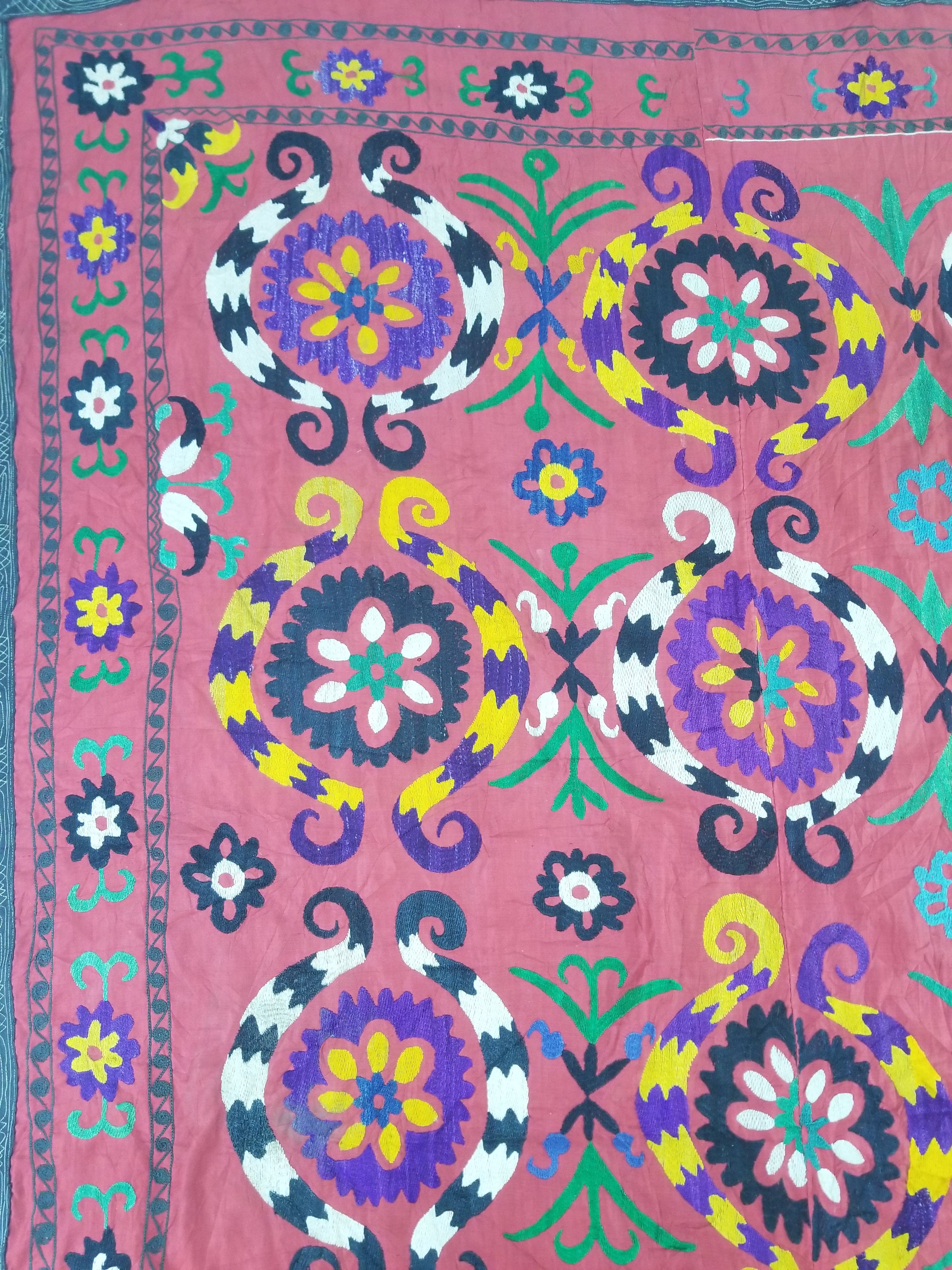 Vintage Central Asian Suzani Floral Medallion Embroidered Wall Hanging 213x178cm