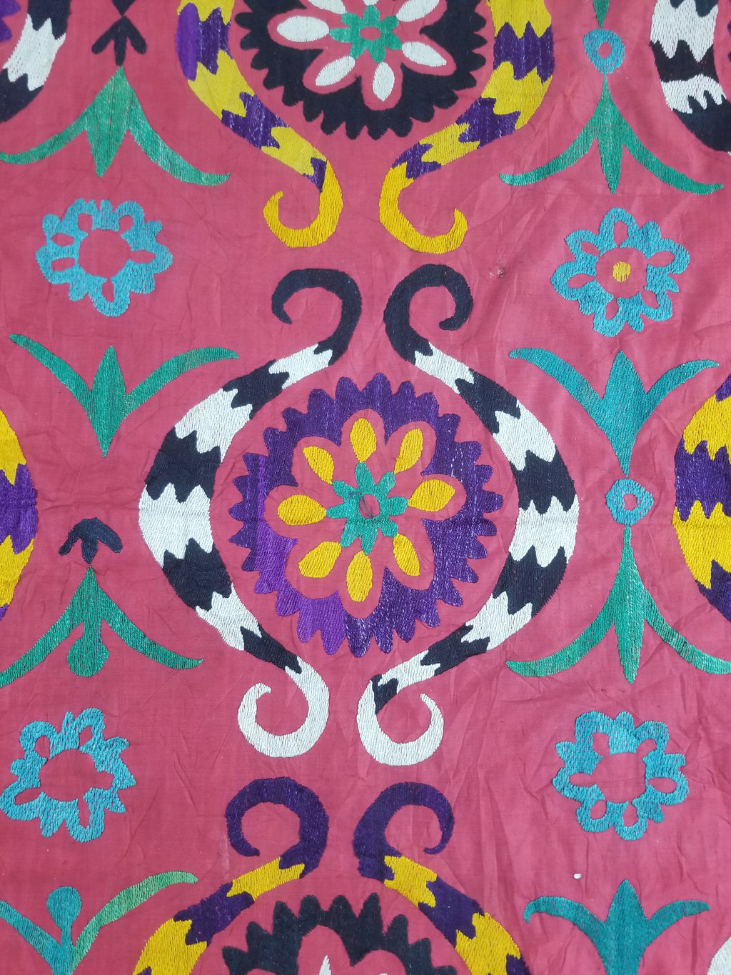 Vintage Central Asian Suzani Floral Medallion Embroidered Wall Hanging 213x178cm