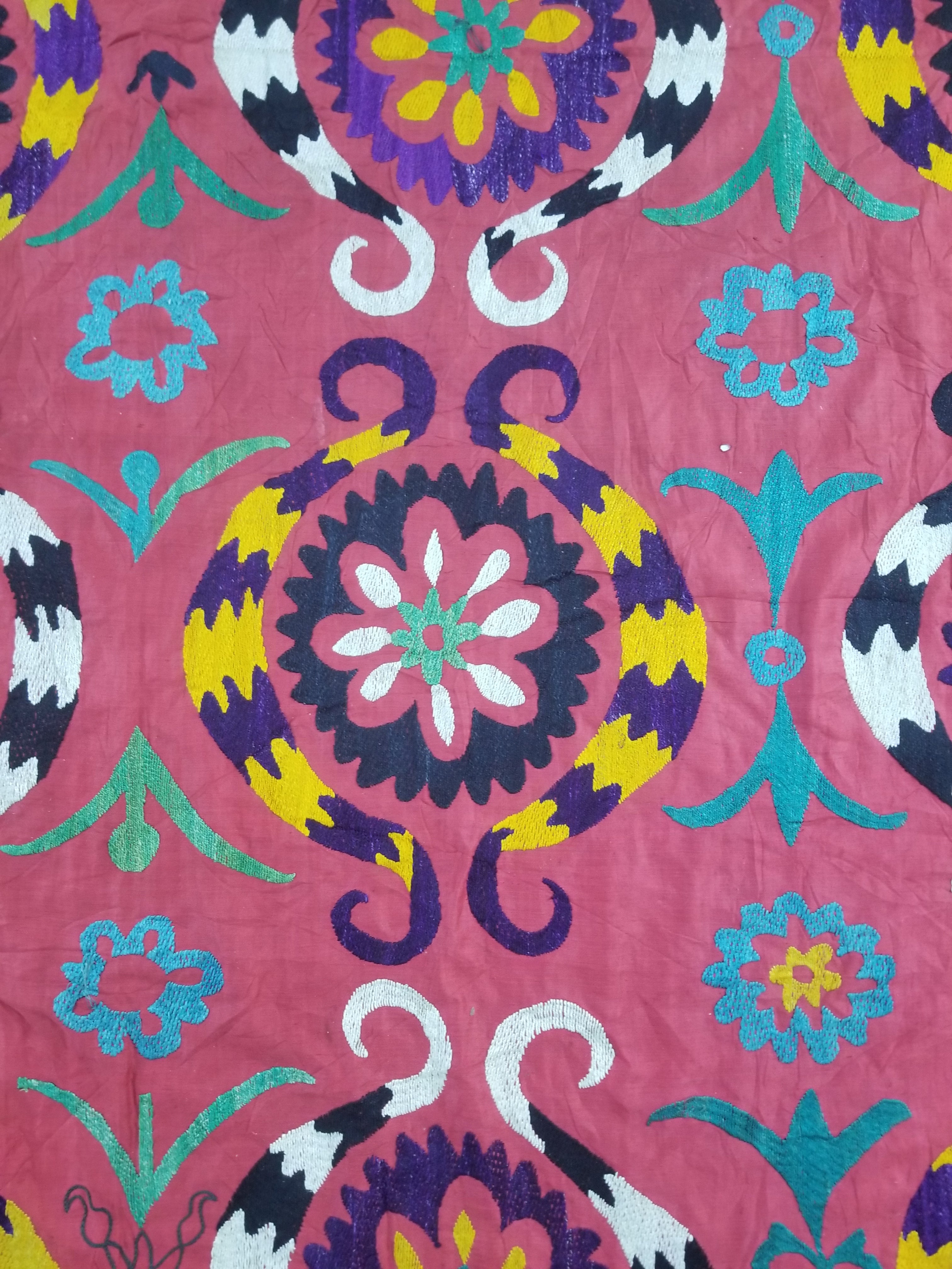Vintage Central Asian Suzani Floral Medallion Embroidered Wall Hanging 213x178cm
