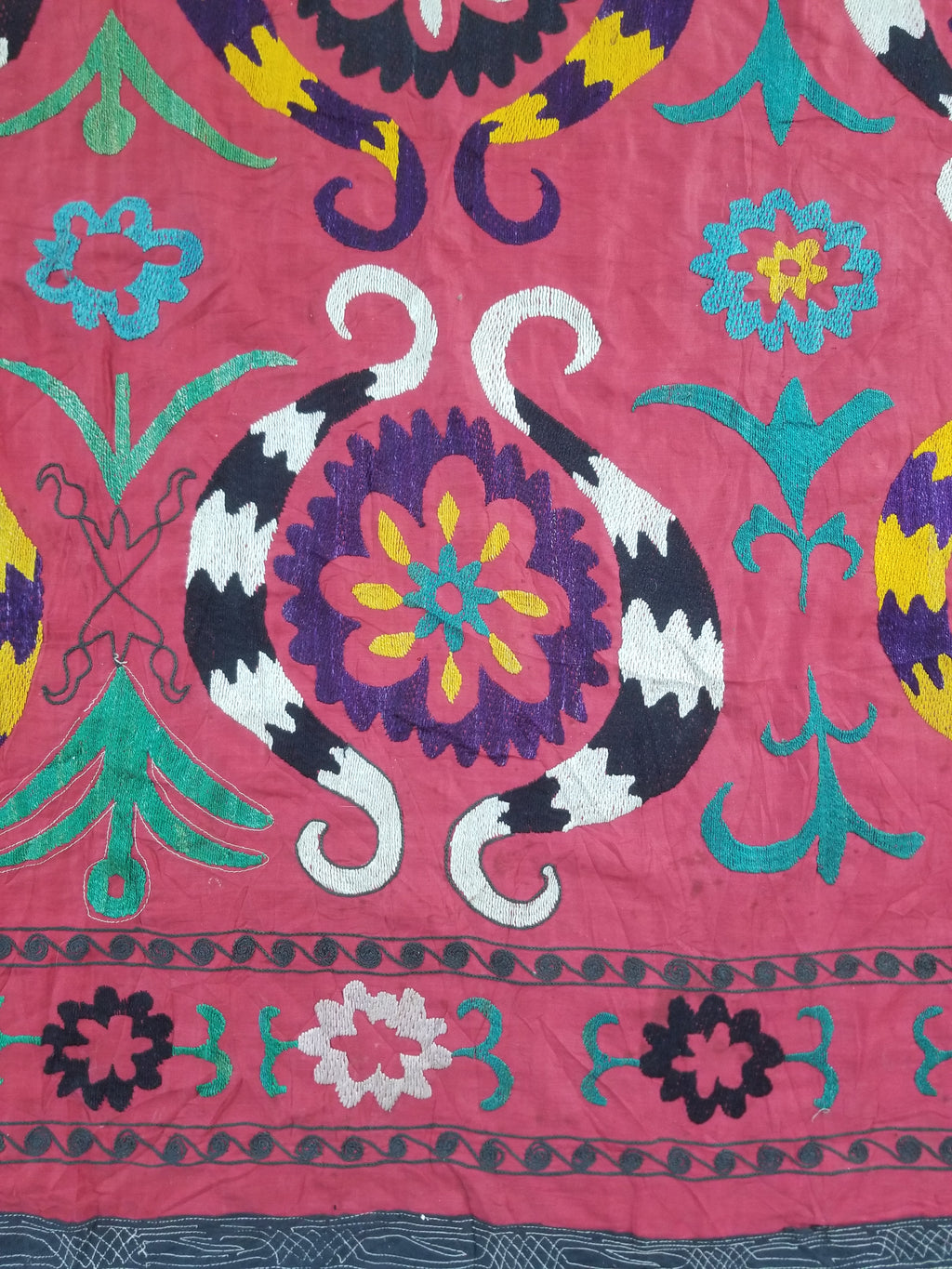 Vintage Central Asian Suzani Floral Medallion Embroidered Wall Hanging 213x178cm